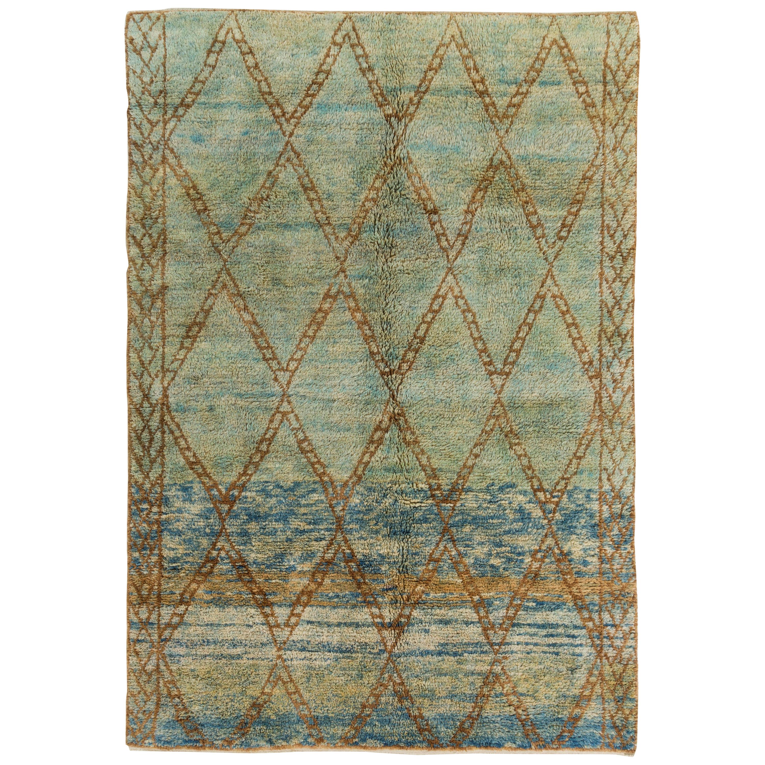 7.2x10.4 ft Handmade Moroccan Wool Rug in Blue, Green and Rust, Custom Ops Avl.