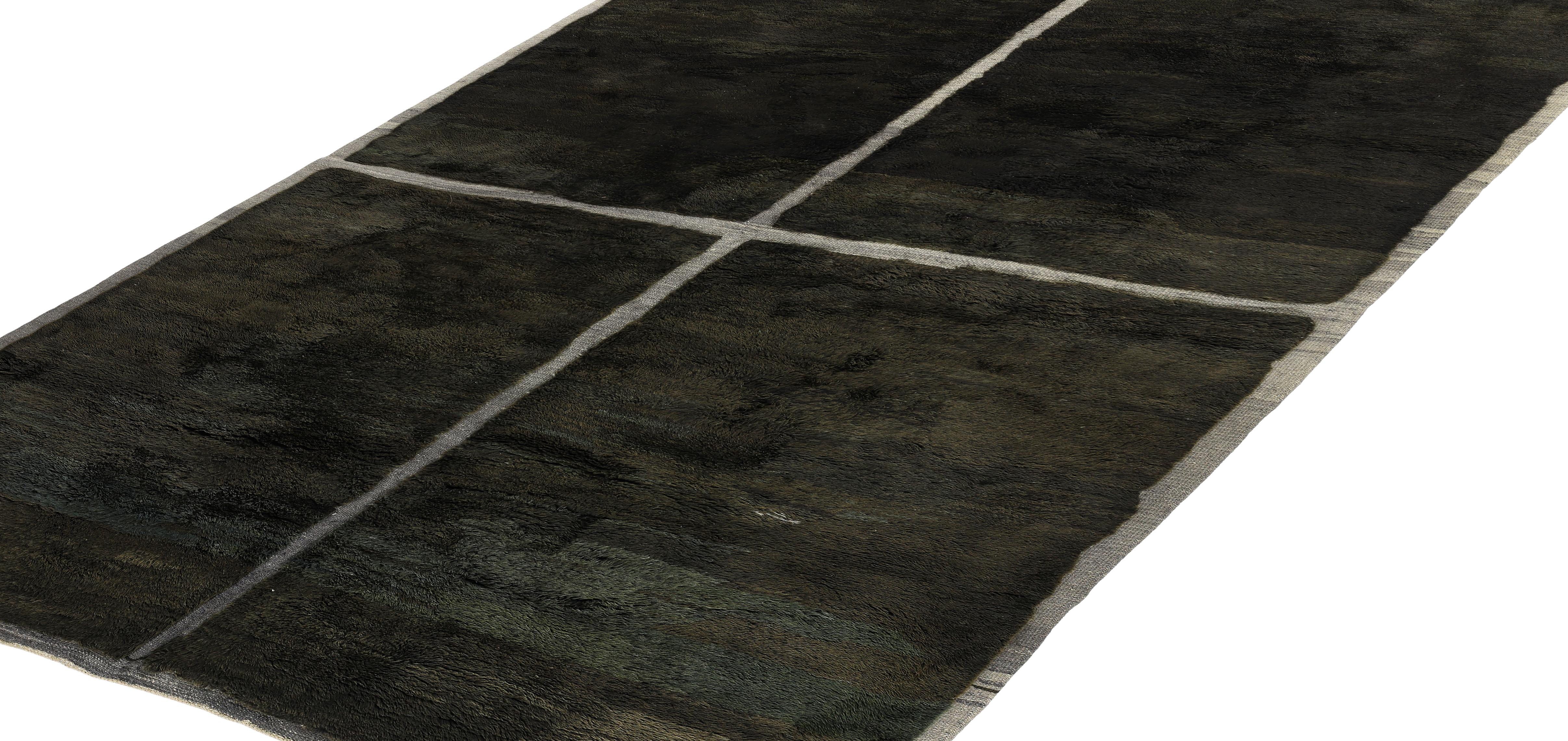 Bohemian Moroccan Wool Rug with Minimalist Grid Pattern in Black and Ivory Tones For Sale