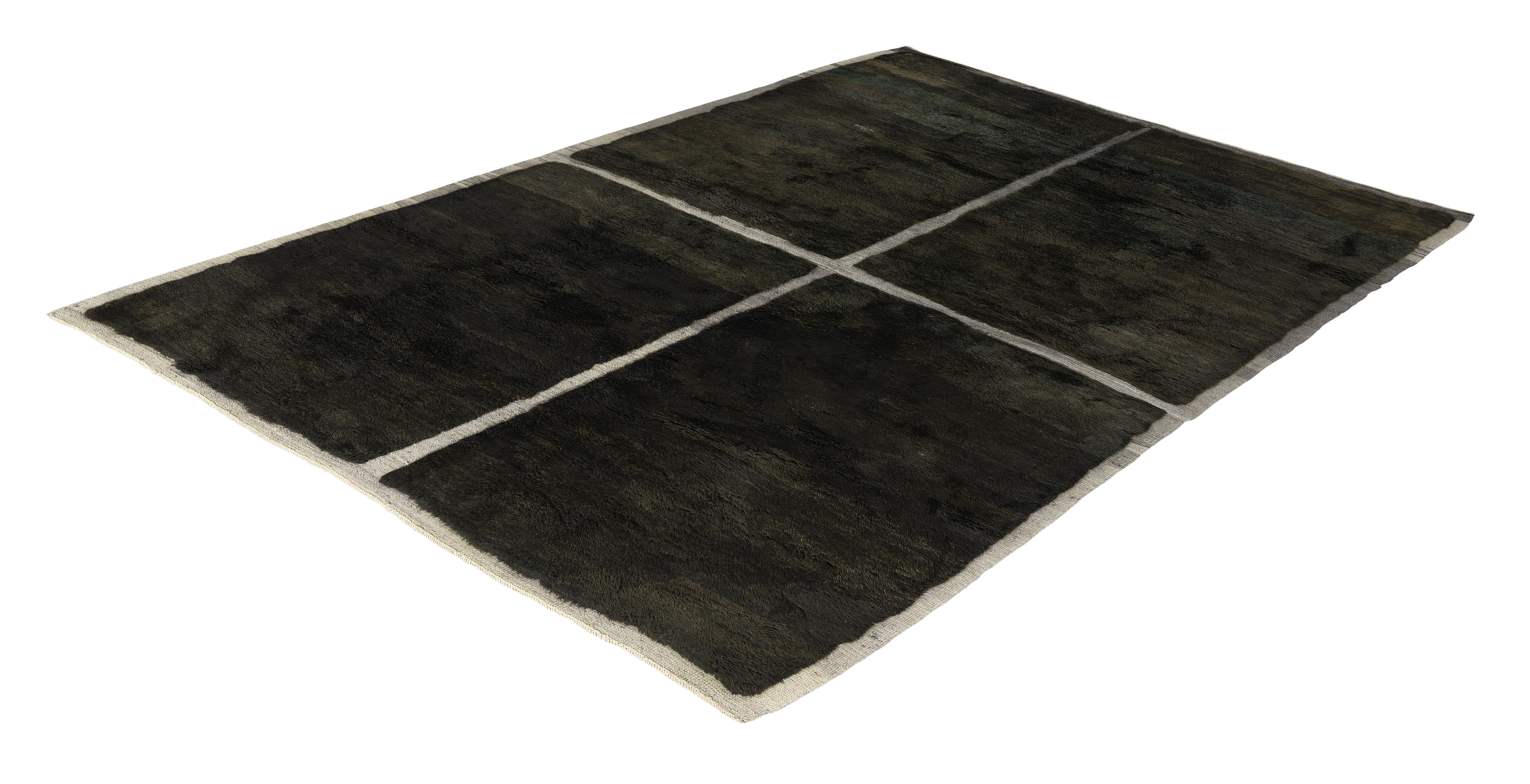 Hand-Knotted Moroccan Wool Rug with Minimalist Grid Pattern in Black and Ivory Tones For Sale