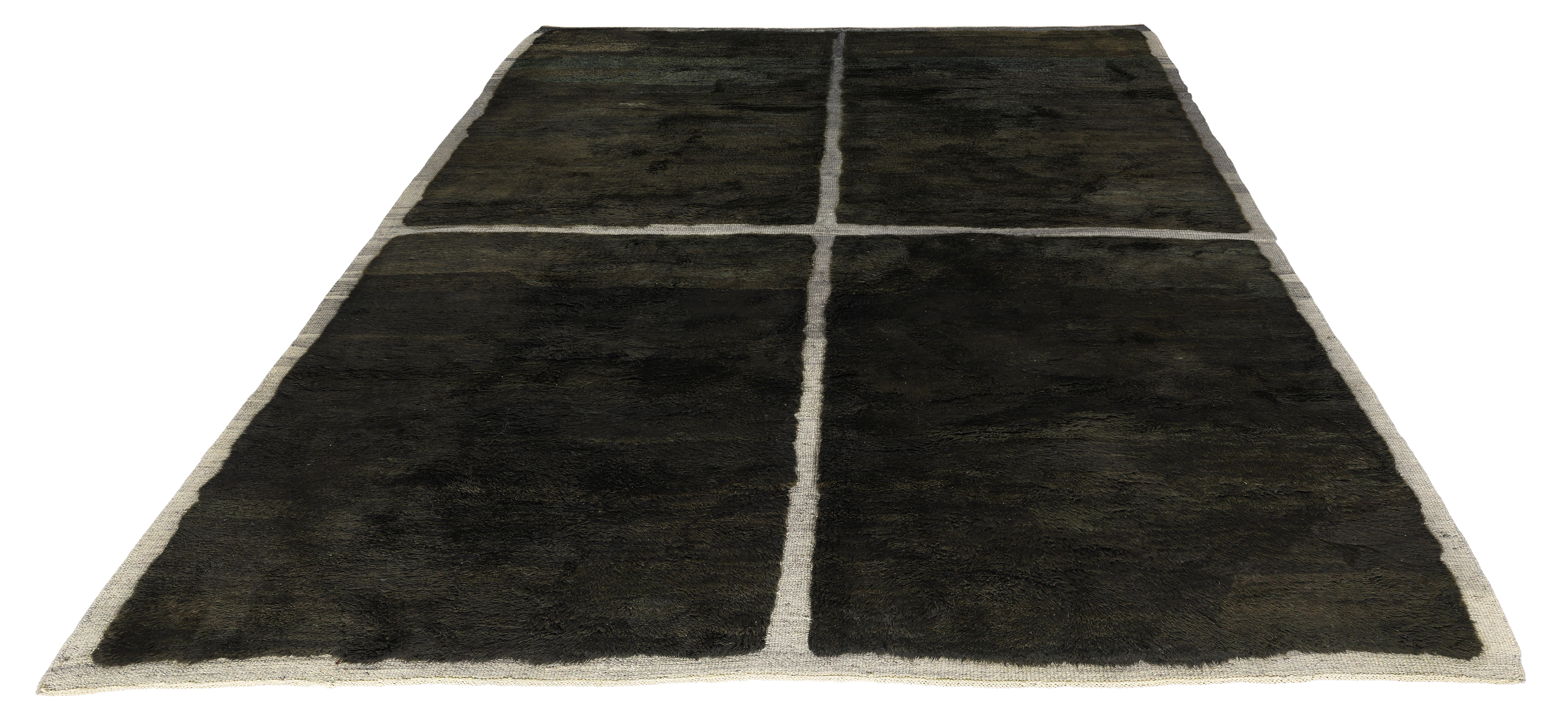 Contemporary Moroccan Wool Rug with Minimalist Grid Pattern in Black and Ivory Tones For Sale