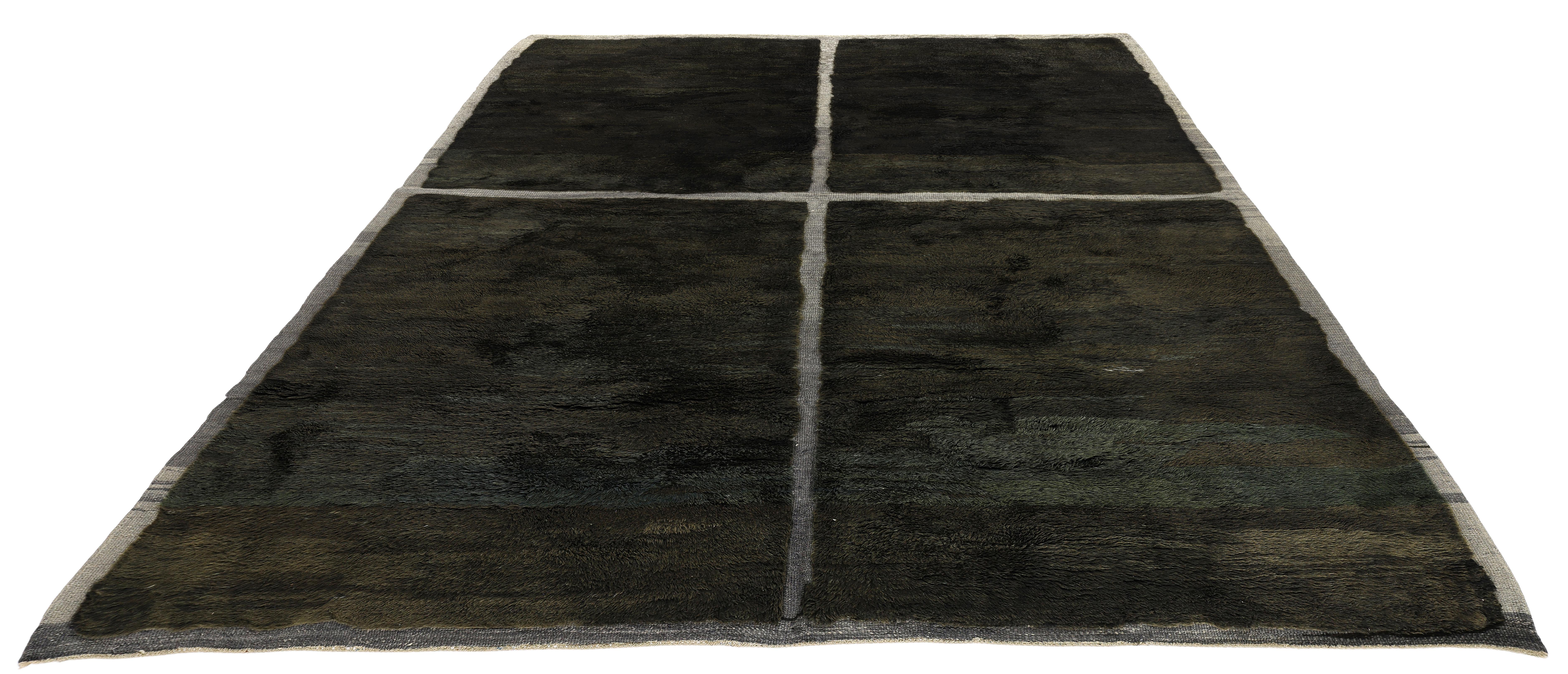 Moroccan Wool Rug with Minimalist Grid Pattern in Black and Ivory Tones For Sale 1
