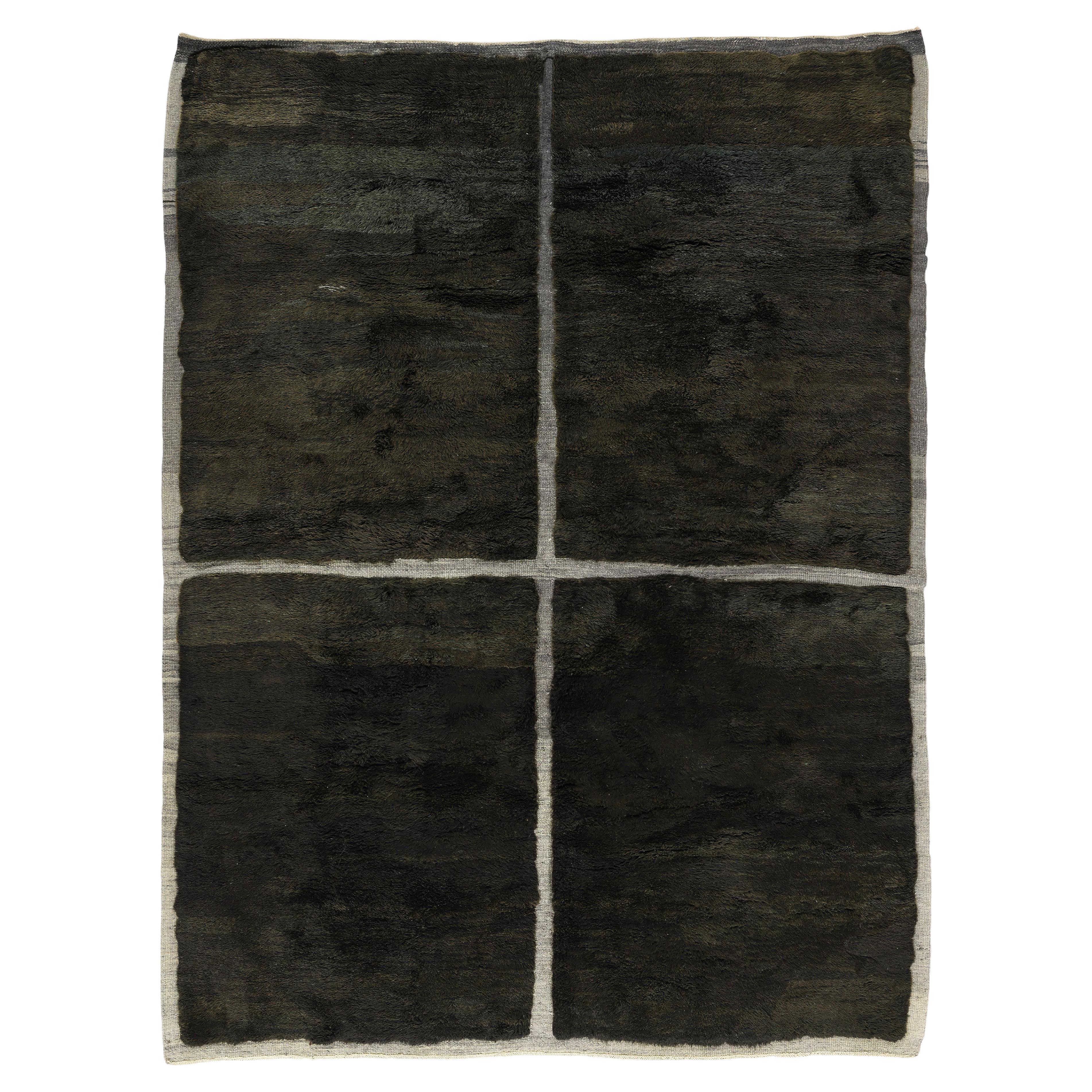 Moroccan Wool Rug with Minimalist Grid Pattern in Black and Ivory Tones For Sale