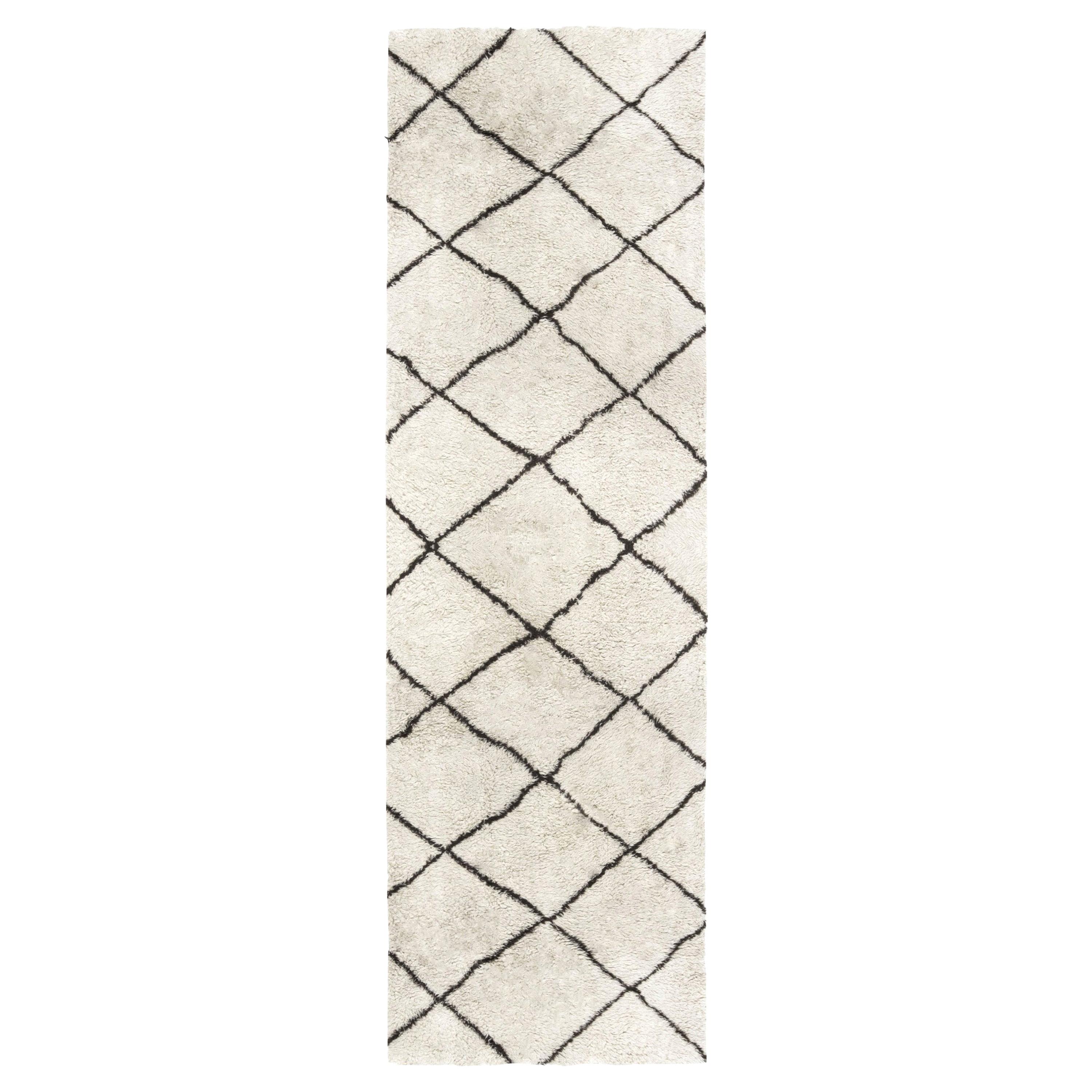 Moroccan Wool Runner with Tribal Geometric Design in Black and White
