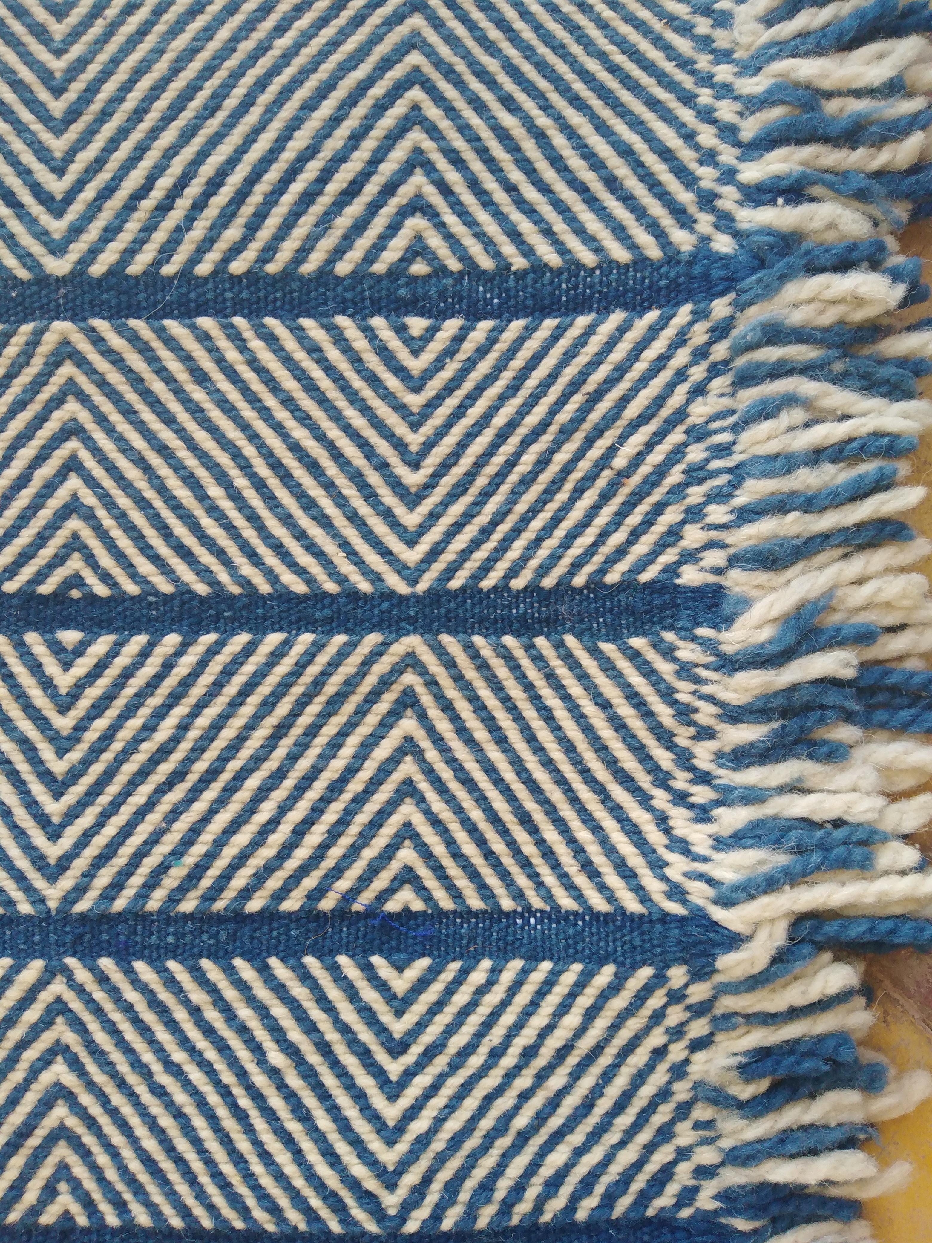 Contemporary Moroccan Wool Throw Rug Hand Embroidered Berber - Natural Blue White Tribal For Sale