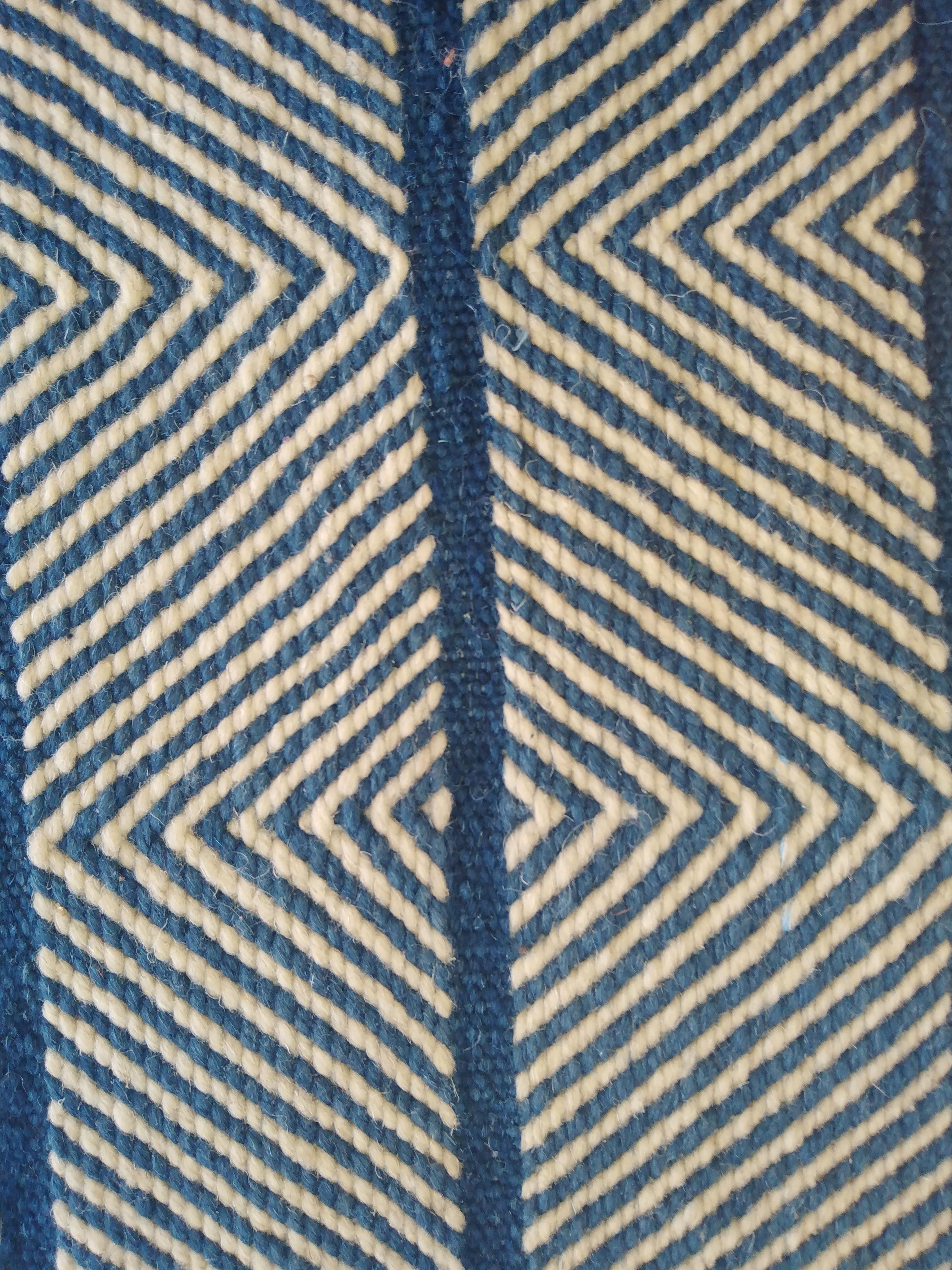 Moroccan Wool Throw Rug Hand Embroidered Berber - Natural Blue White Tribal For Sale 3