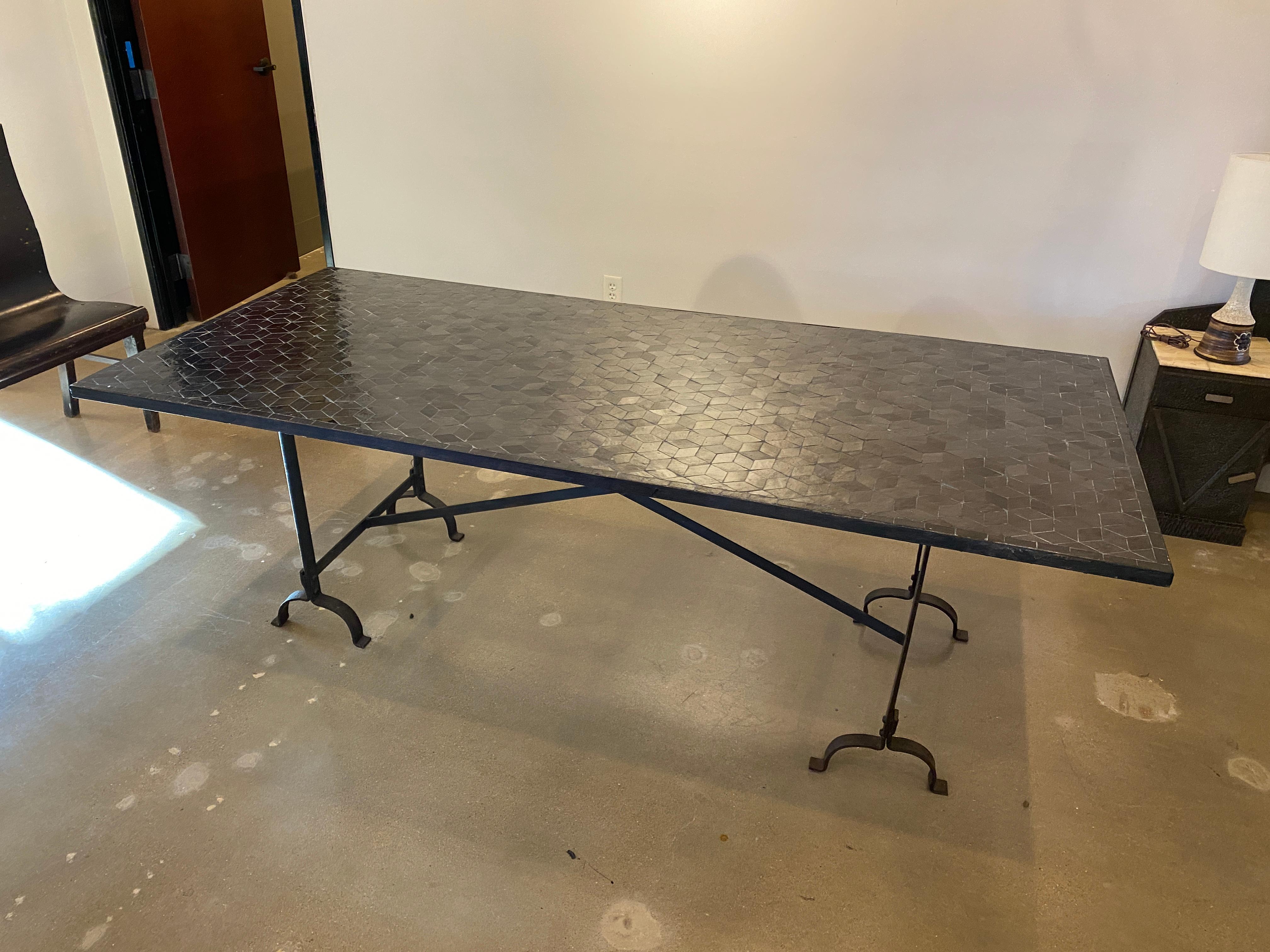 Hand-Crafted Moroccan Zellige Tile Dining Table in Black and Steel