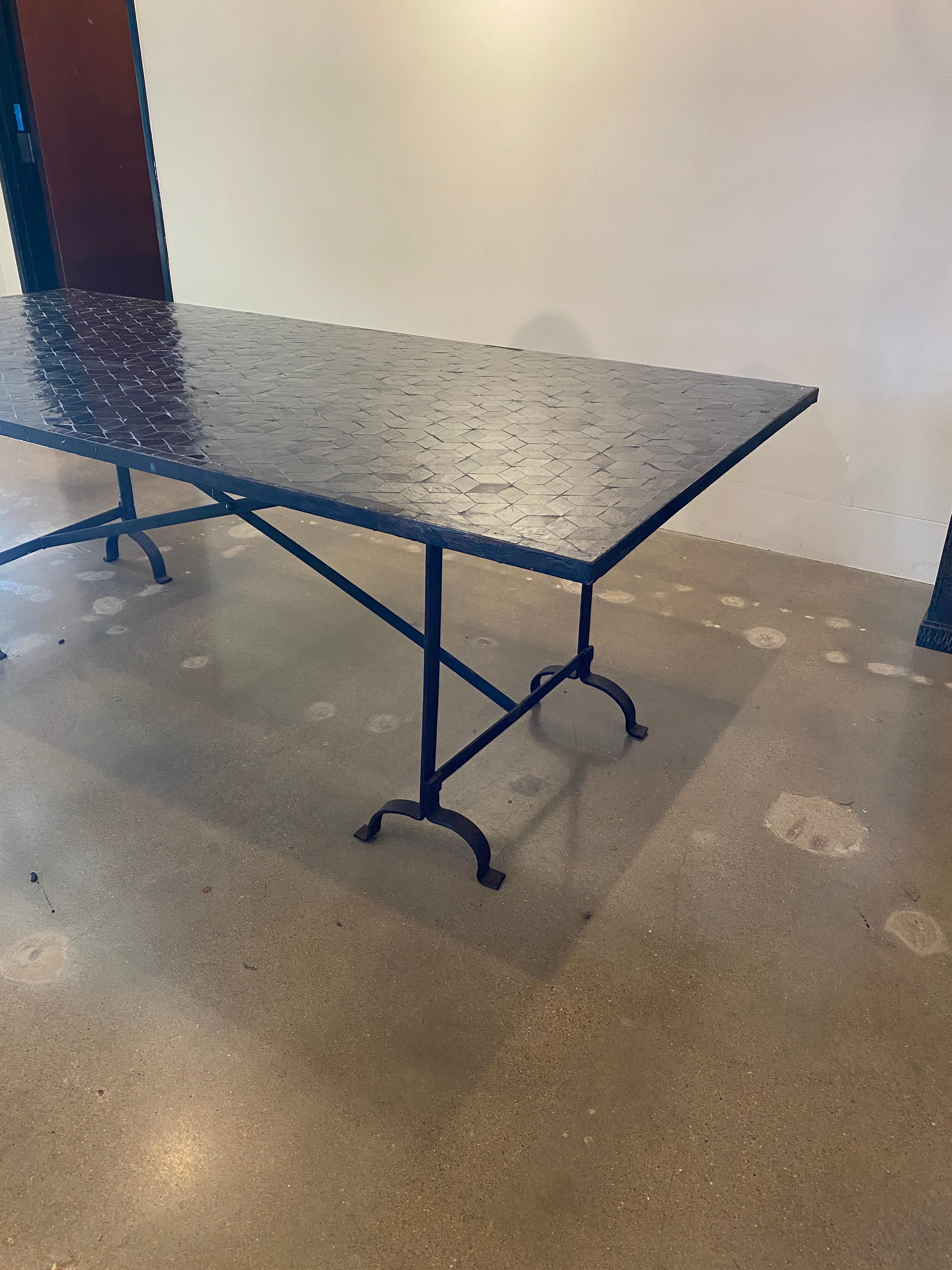 Moroccan Zellige Tile Dining Table in Black and Steel In Good Condition In Austin, TX