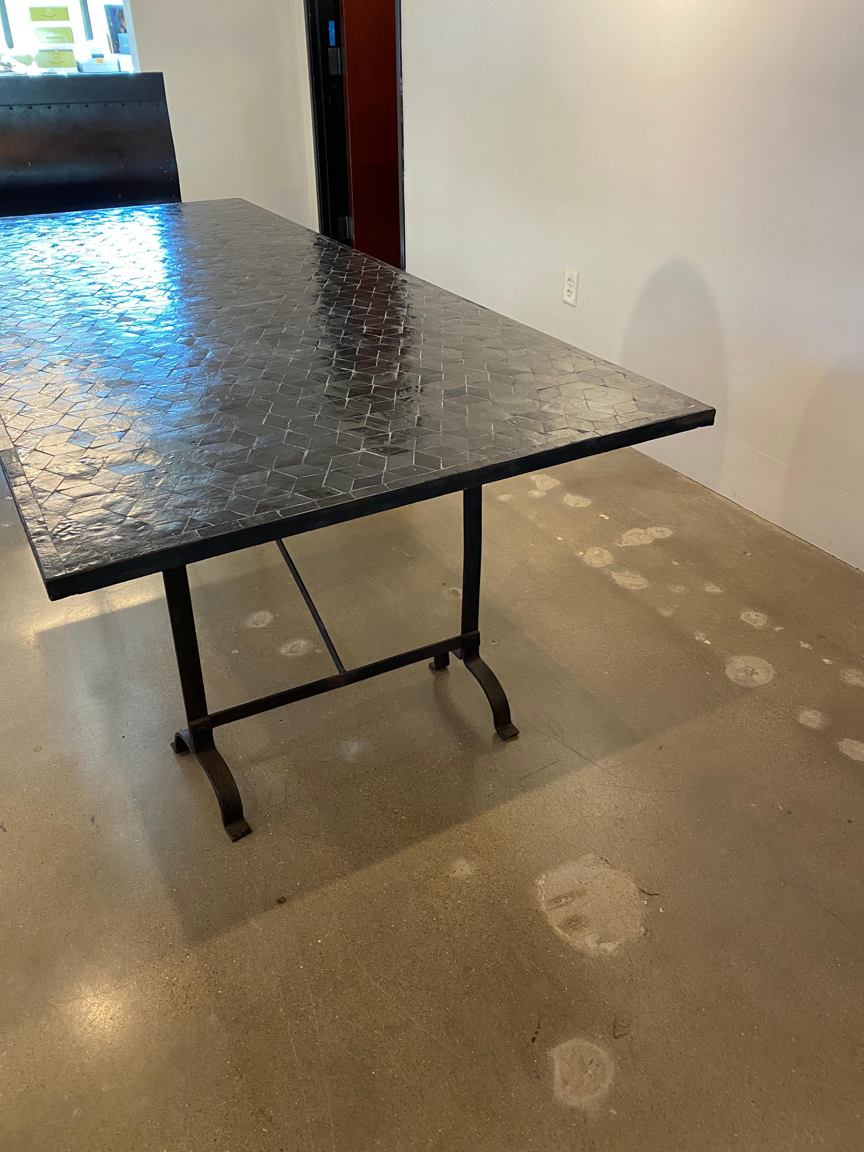 20th Century Moroccan Zellige Tile Dining Table in Black and Steel