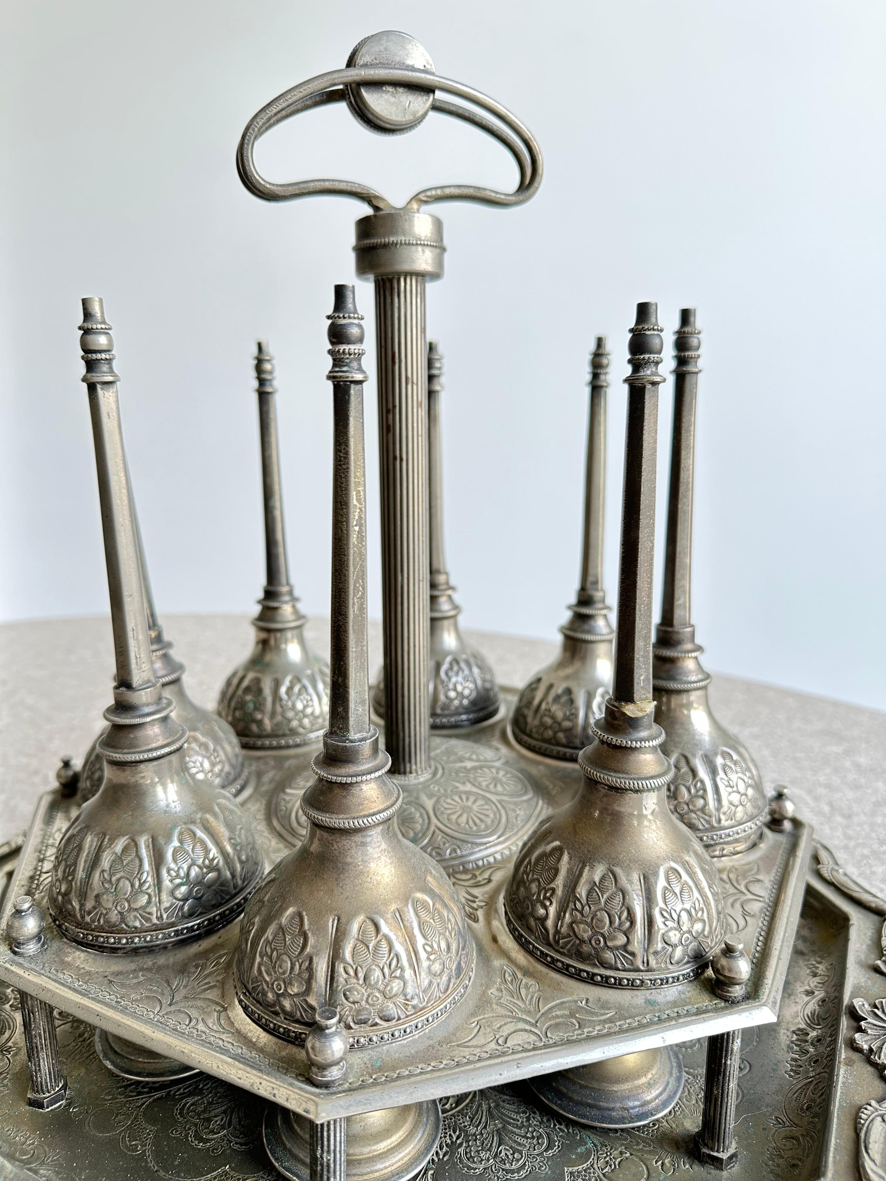 Hand-Crafted Moroccans Vintage Silver Plated Perfume Bottles Set of Eight For Sale