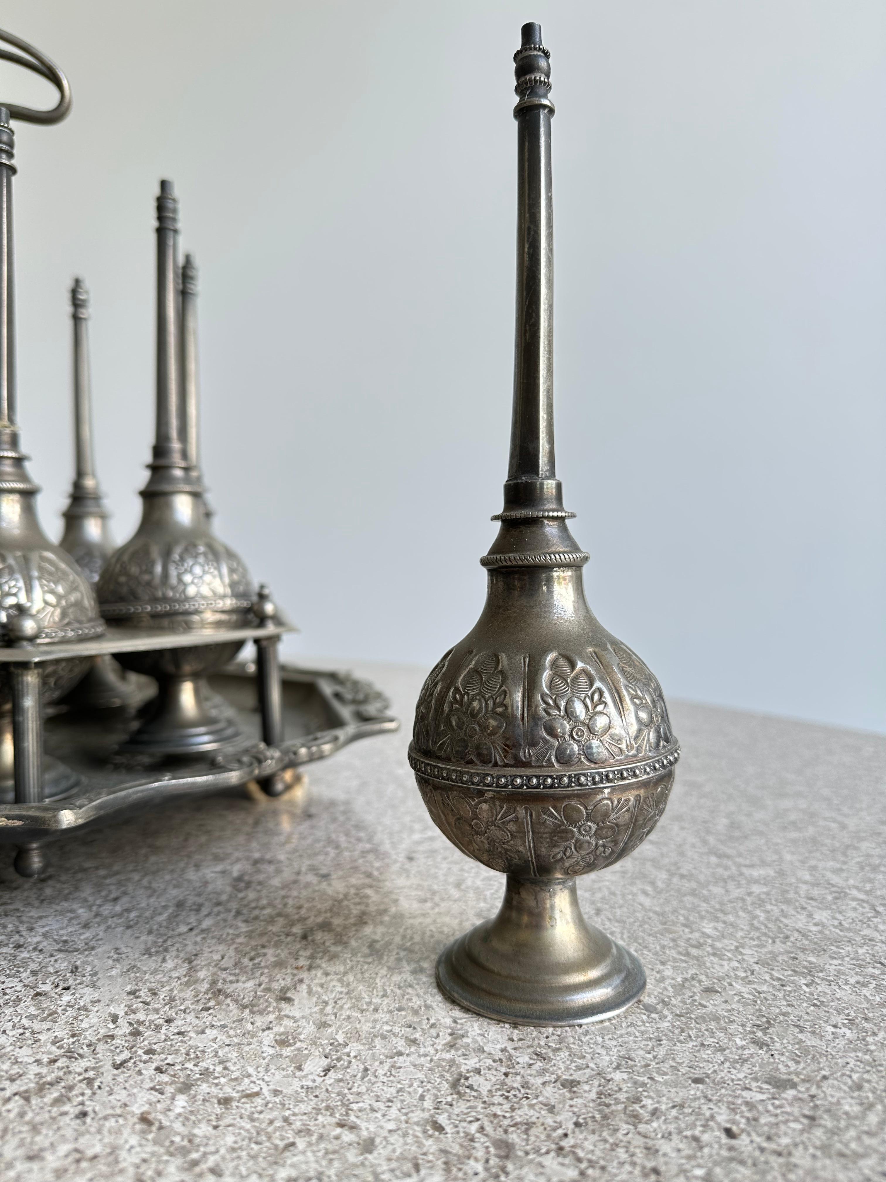 Moroccans Vintage Silver Plated Perfume Bottles Set of Eight For Sale 1