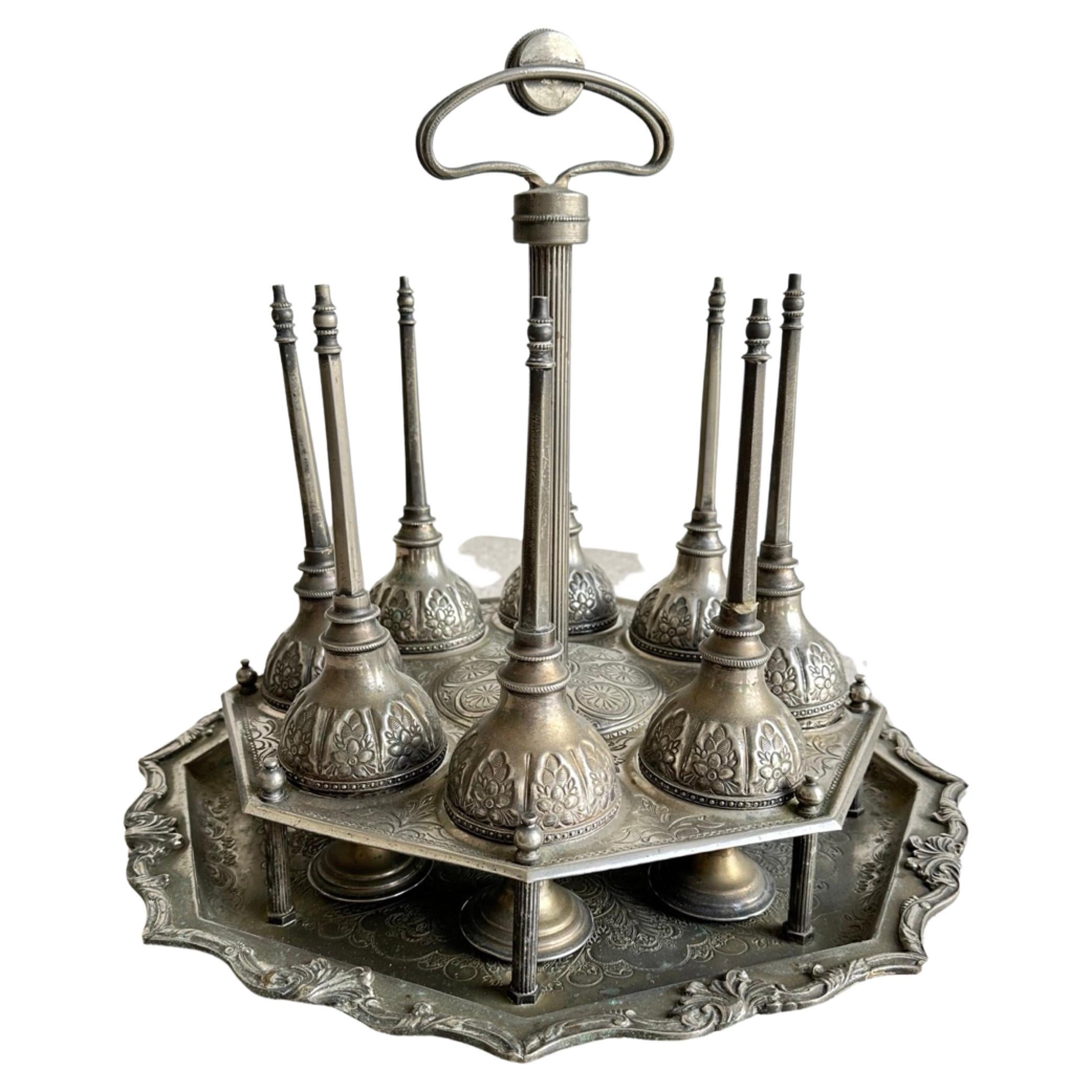 Moroccans Vintage Silver Plated Perfume Bottles Set of Eight For Sale