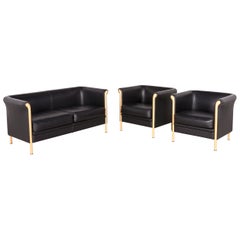 Moroso Designer Leather Sofa Armchair Set in Black, Two-Seat Couch