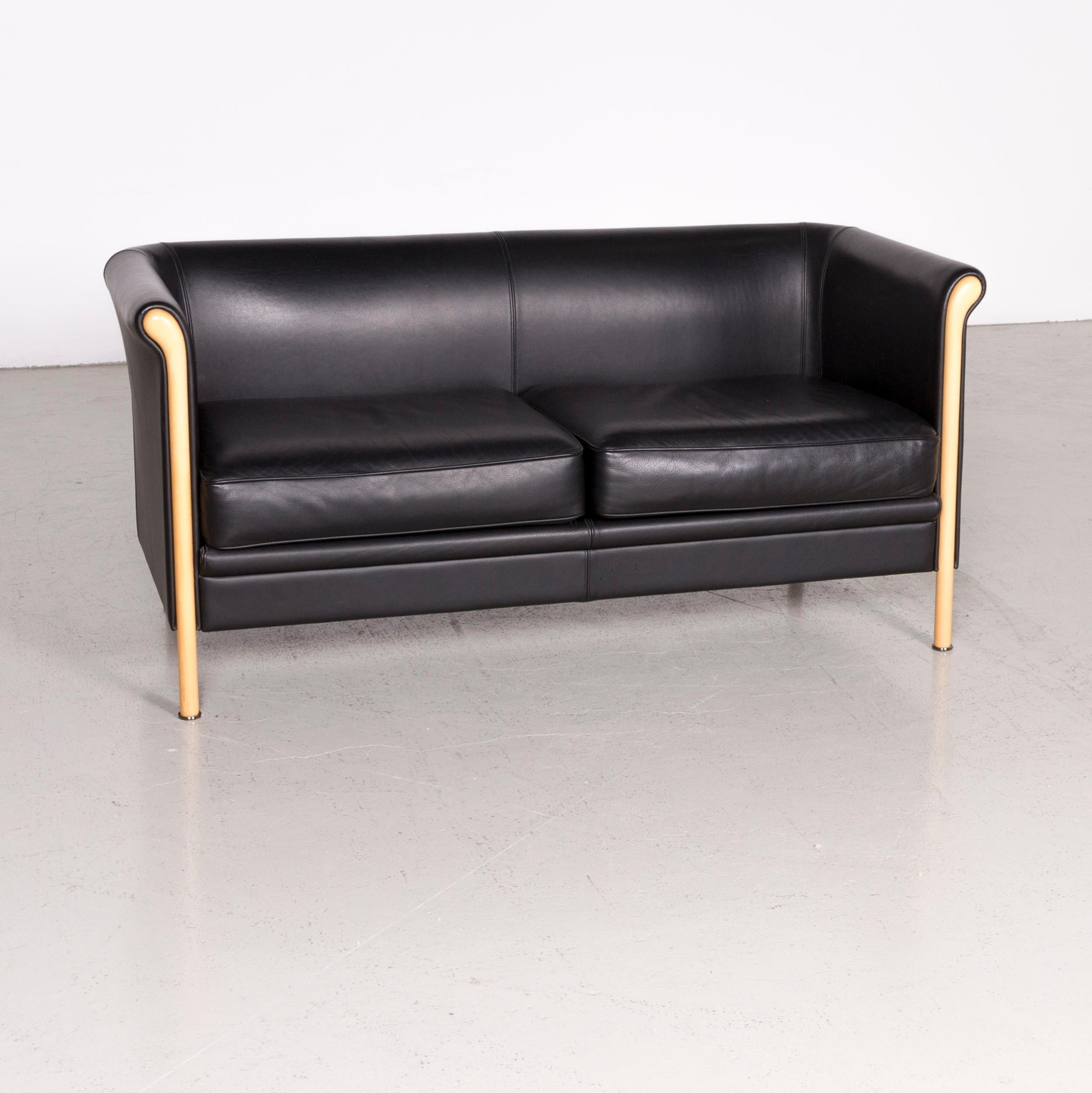 Moroso designer leather sofa in black, two-seat couch.