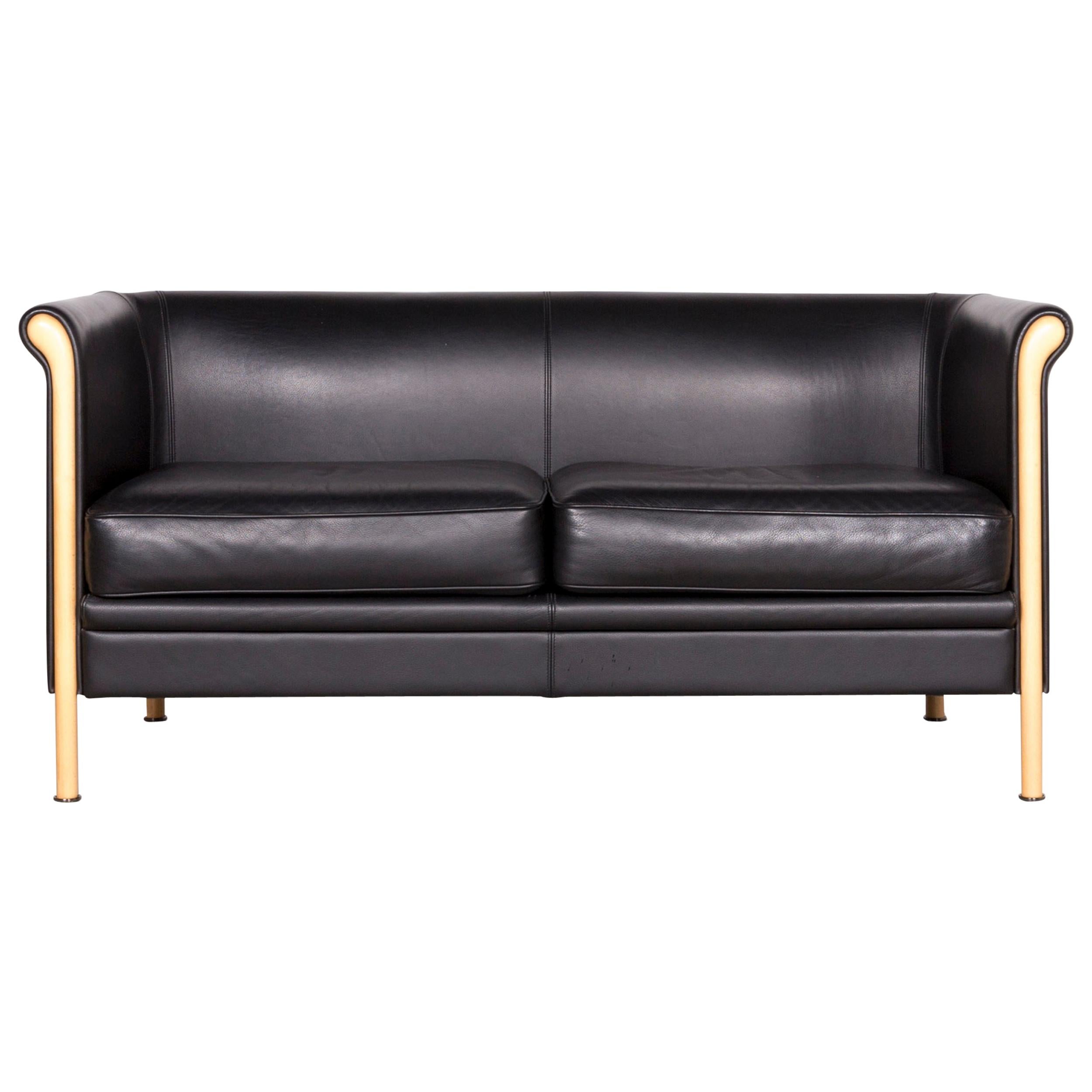 Moroso Designer Leather Sofa in Black, Two-Seat Couch For Sale