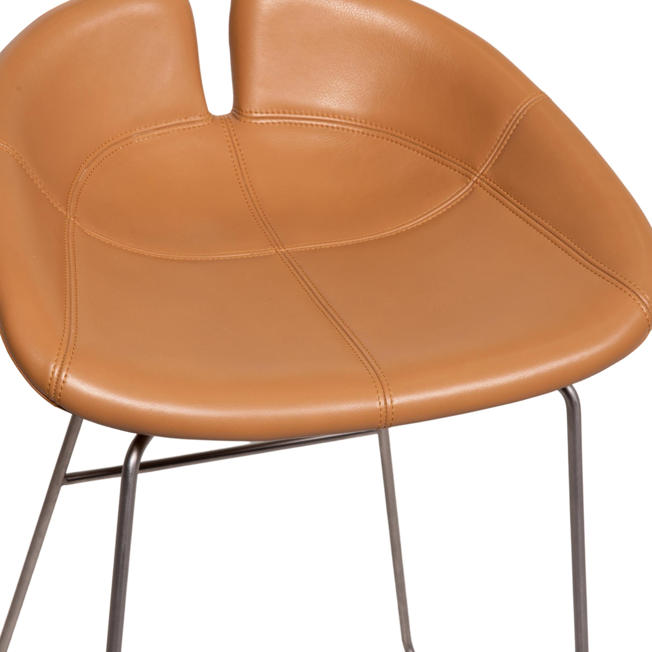 Italian Moroso Fjord Leather Bar Stool Set Cognac Brown 2x Chair