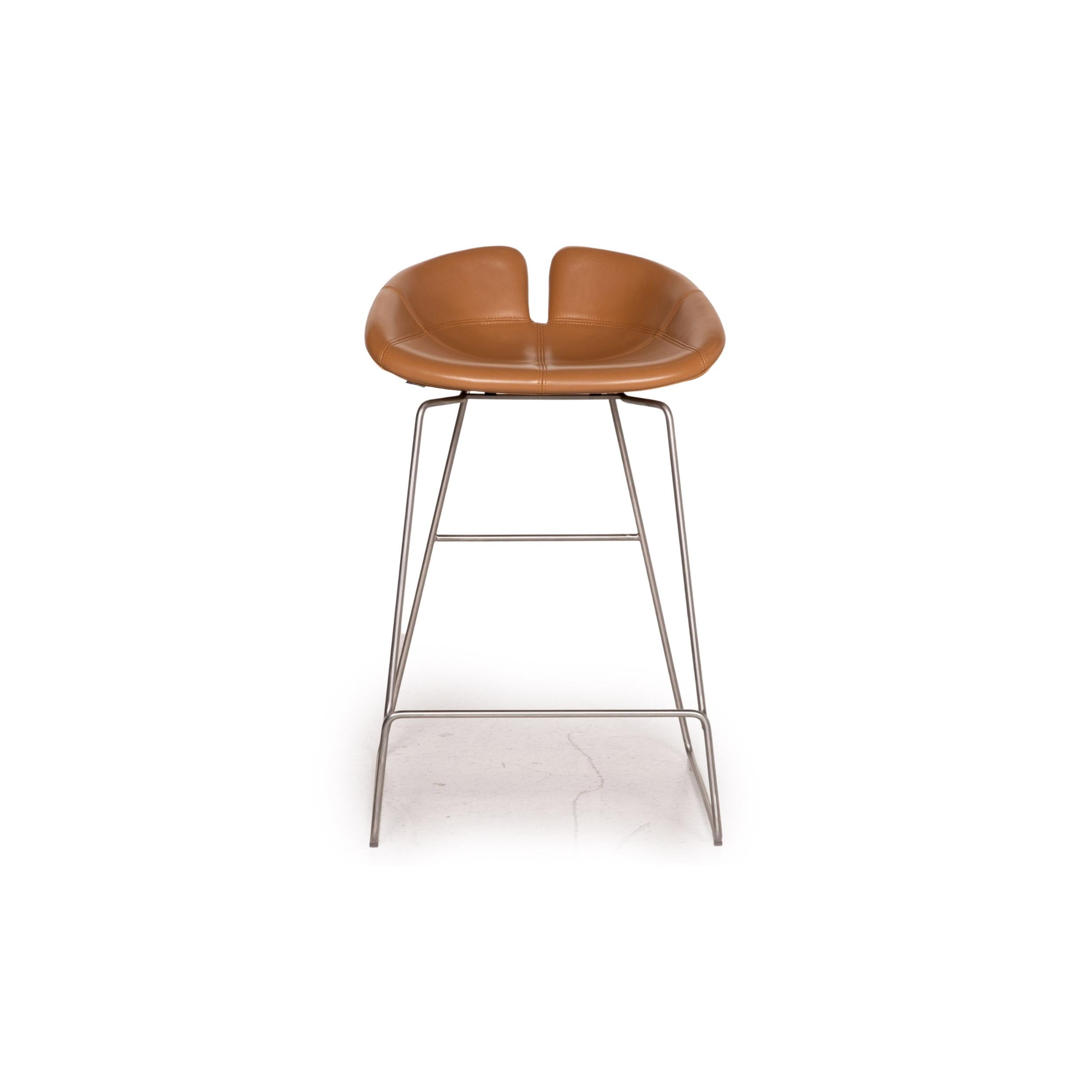 Moroso Fjord Leather Bar Stool Set Cognac Brown 2x Chair In Fair Condition In Cologne, DE