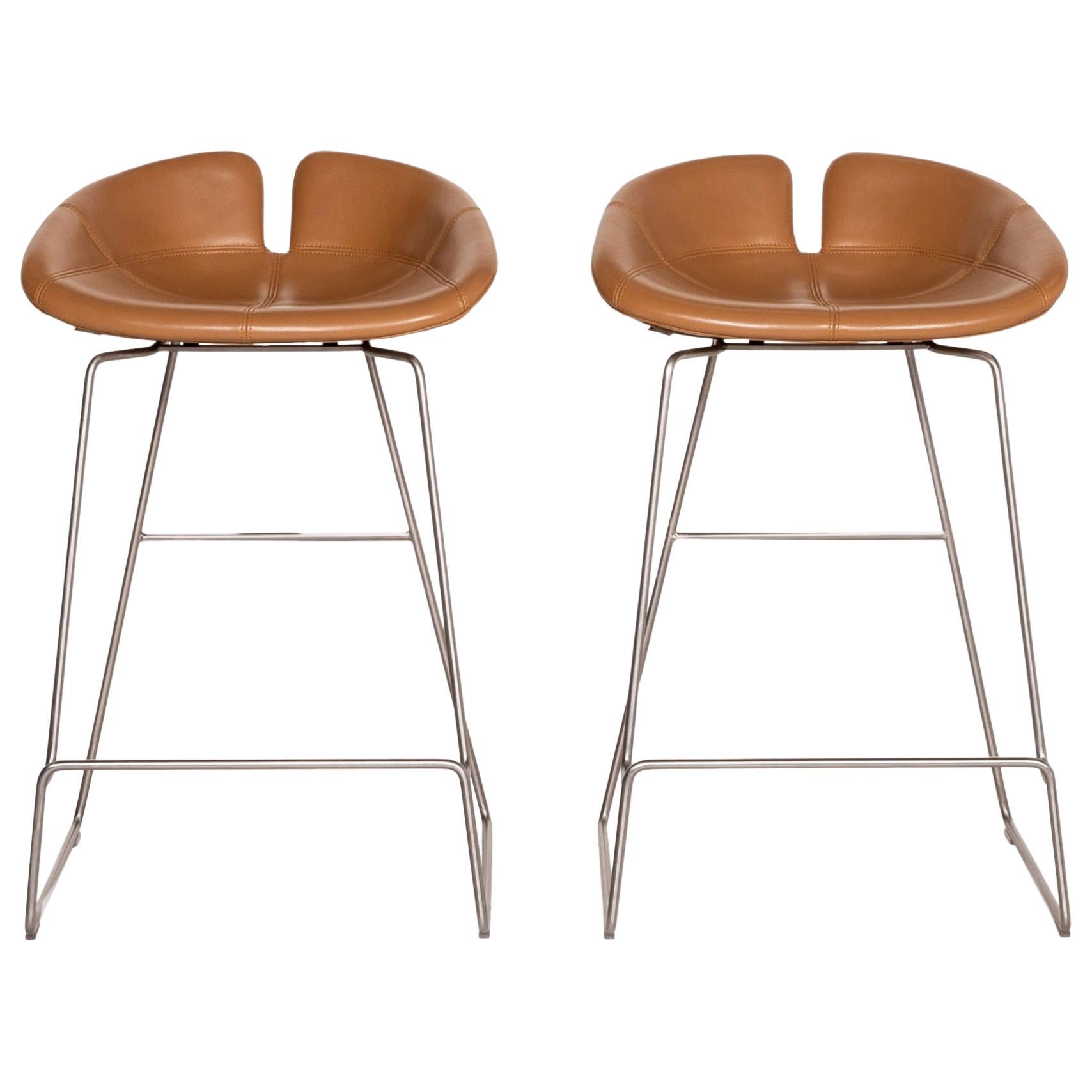 Moroso Fjord Leather Bar Stool Set Cognac Brown 2x Chair