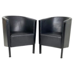 Moroso Italian Post-Modern Barrel Club Chairs, Leather/Ebonized Wood, a Pair