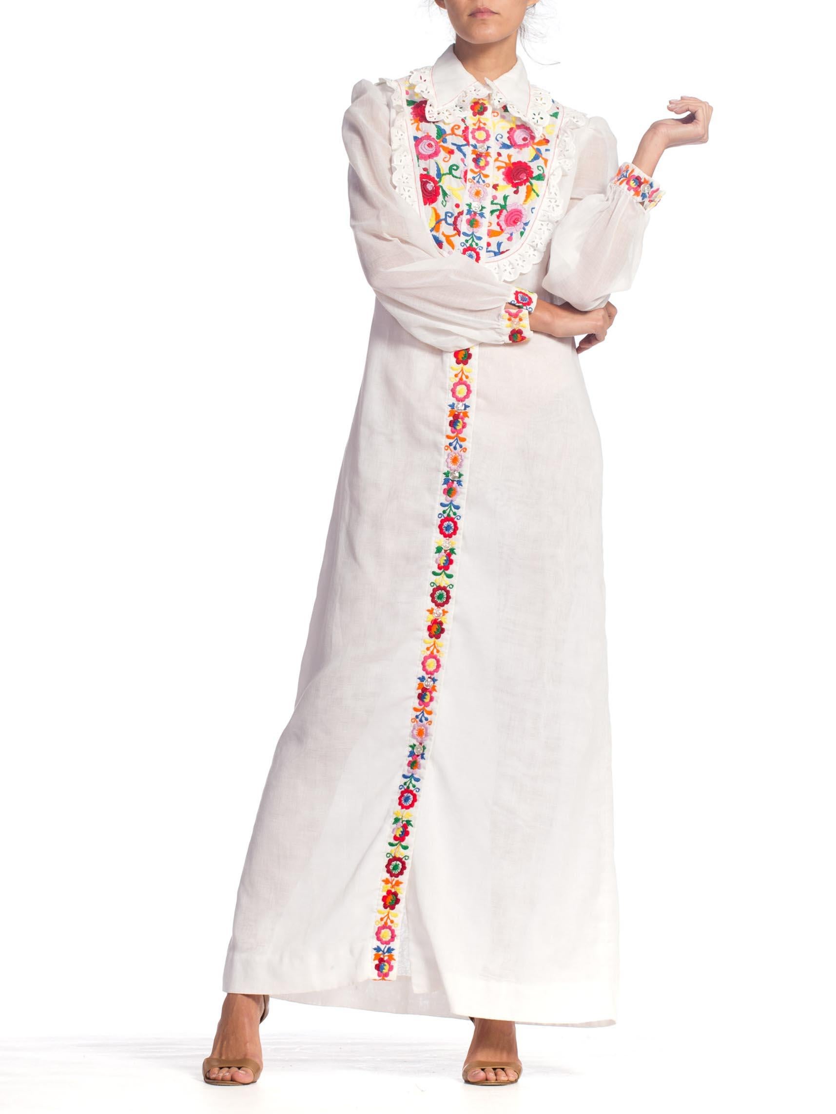 1970S White Cotton Blend Shirt Dress With Floral Embroidery And Vintage Lace 1