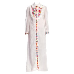 1970S White Cotton Blend Shirt Dress With Floral Embroidery And Vintage Lace