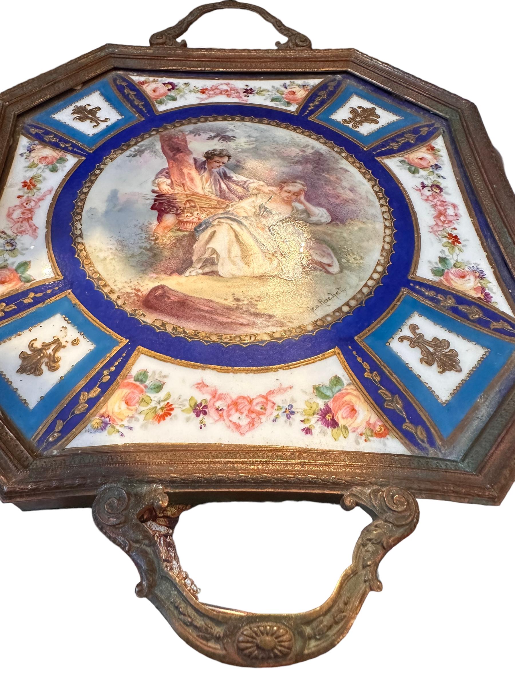 Women's Morphew Abode Mid 19Th Century Sevres Hand Printed Porcelain Tray With Metal Fr For Sale