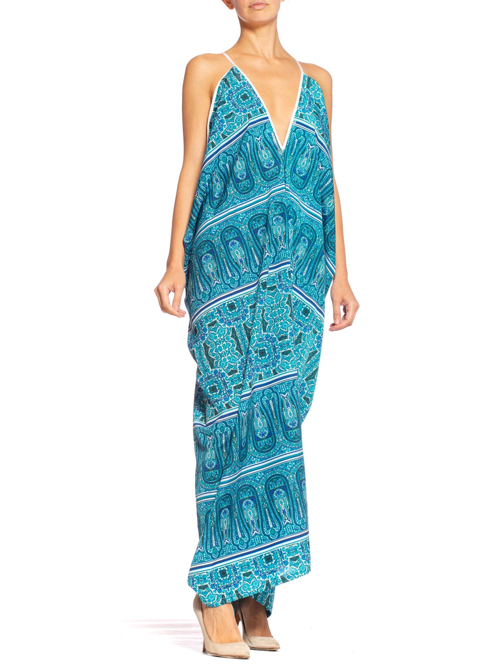 MORPHEW COLLECTION Teal Paisley Poly Blend Easy Breezy Everbody Maxi Dress Made From Deadstock Fabric