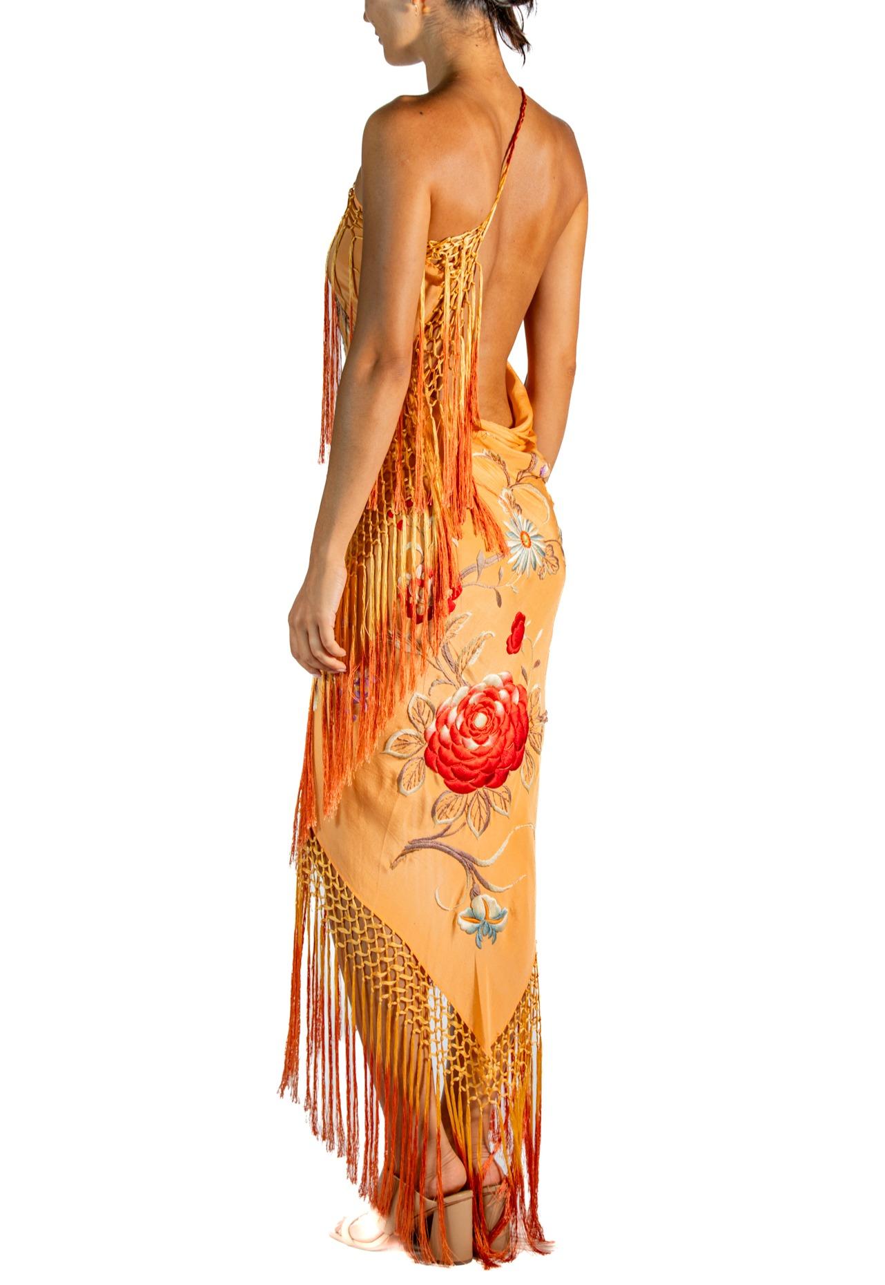 Orange Morphew Atelier Amber & Red Hand Embroidered Silk Bias Fringed Piano Shawl gown For Sale