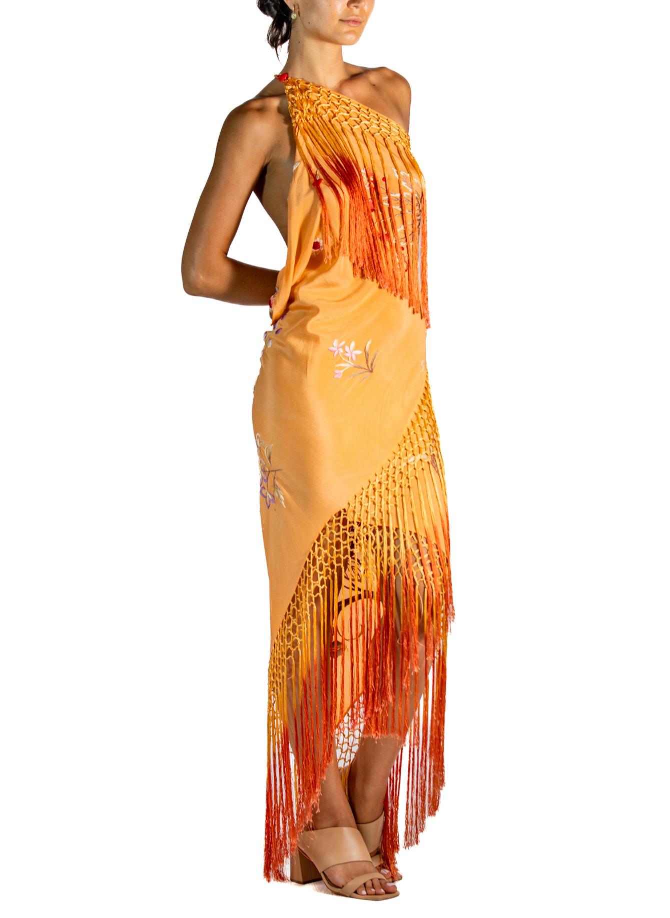 Women's or Men's Morphew Atelier Amber & Red Hand Embroidered Silk Bias Fringed Piano Shawl gown For Sale