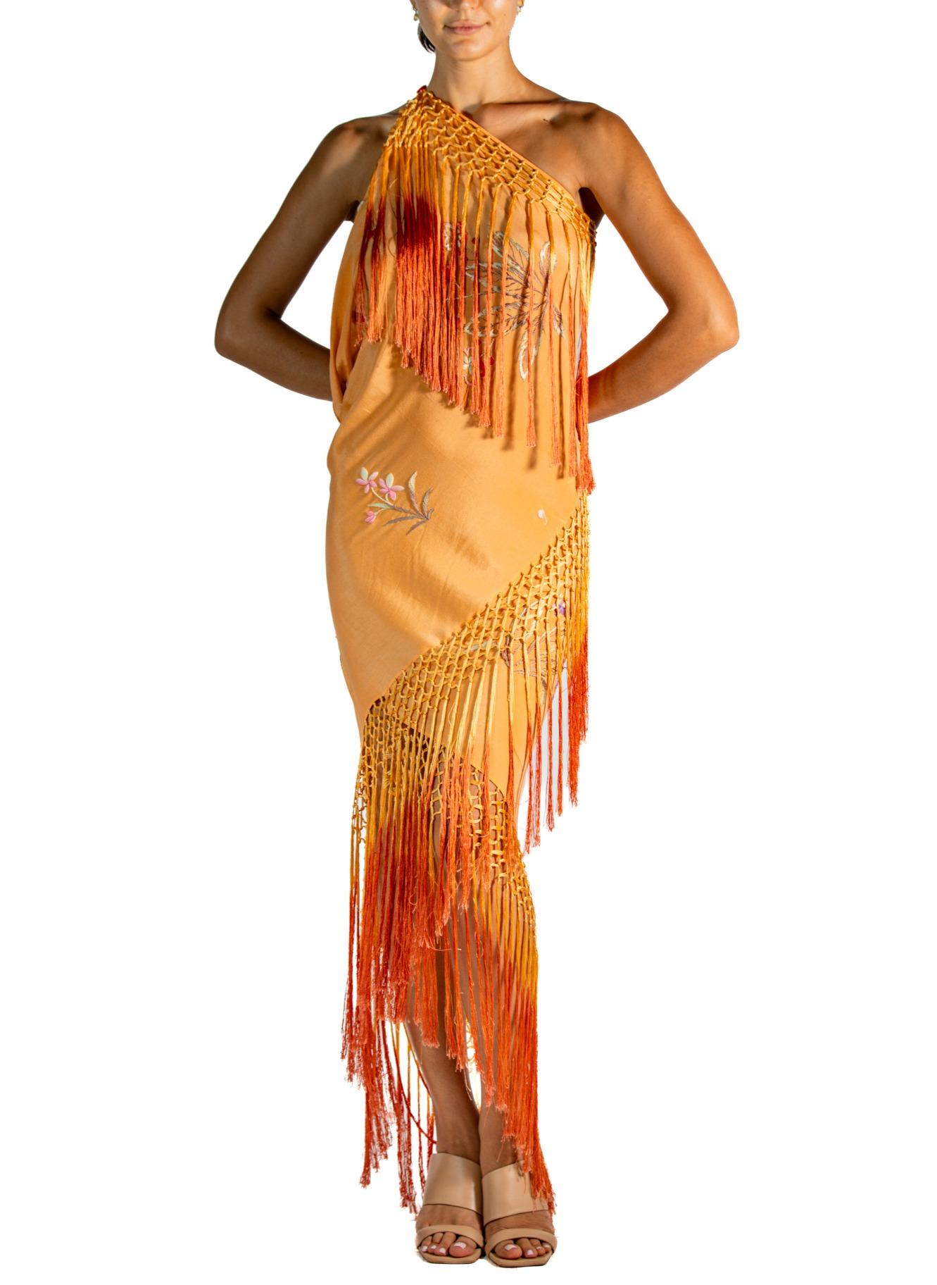 Morphew Atelier Amber & Red Hand Embroidered Silk Bias Fringed Piano Shawl gown For Sale 1