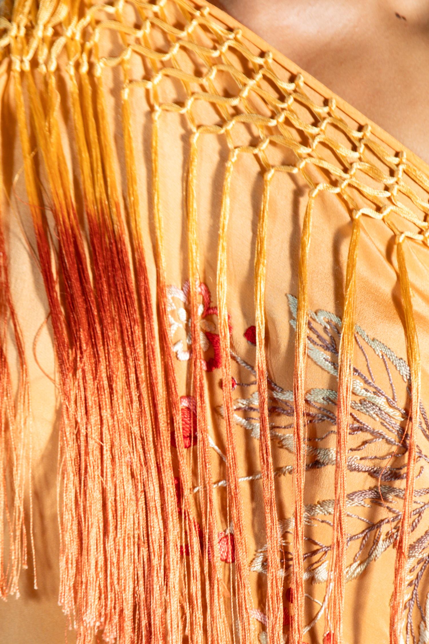 Morphew Atelier Amber & Red Hand Embroidered Silk Bias Fringed Piano Shawl gown For Sale 3