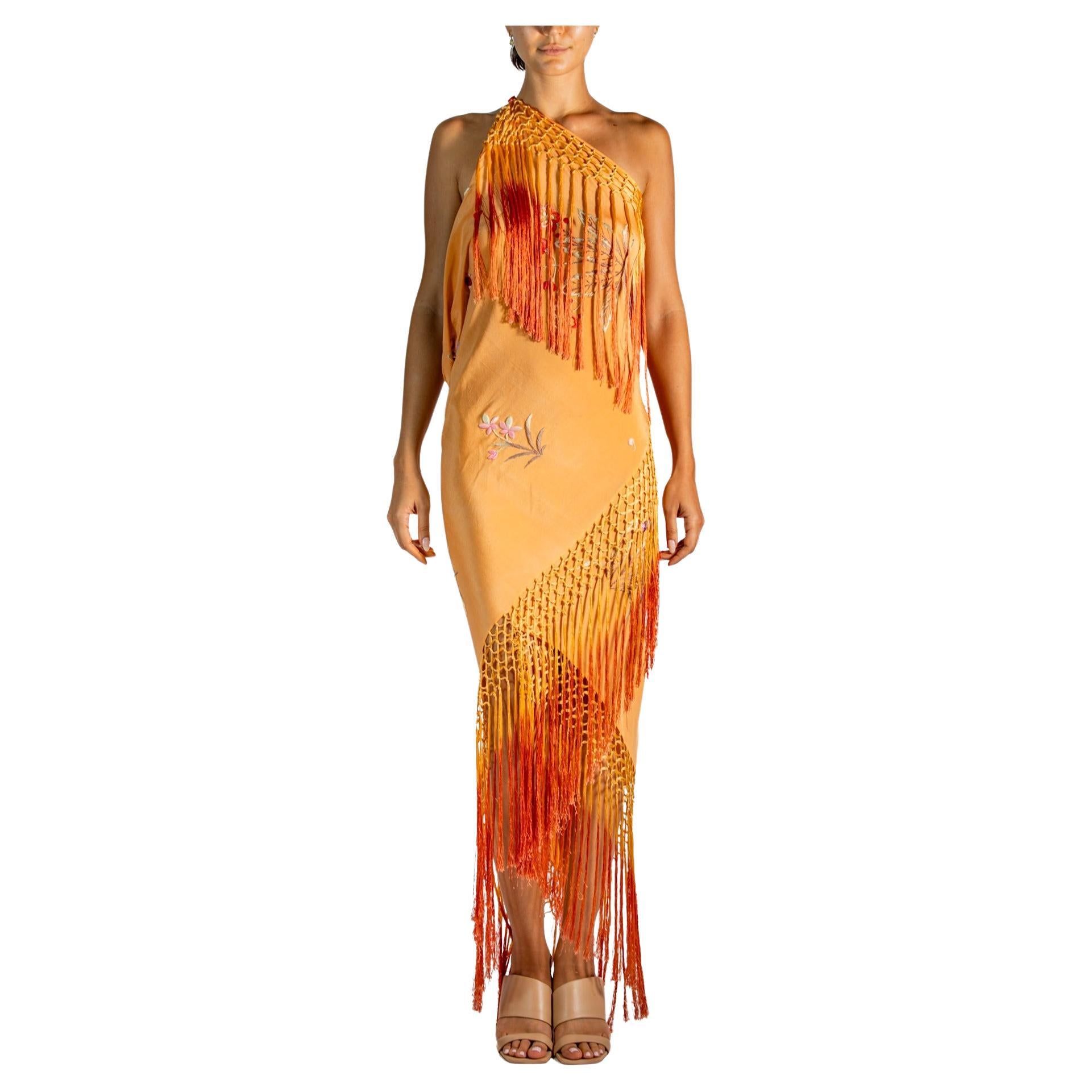 Morphew Atelier Amber & Red Hand Embroidered Silk Bias Fringed Piano Shawl gown For Sale