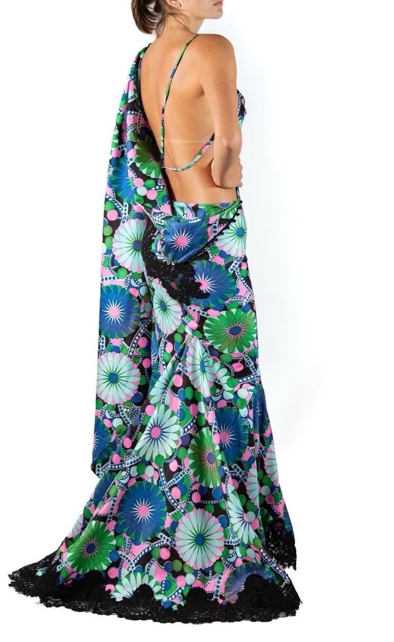Morphew Atelier Bias Cut Psychedelic Vintage 60'S Fabric & Lace Gown In Excellent Condition For Sale In New York, NY
