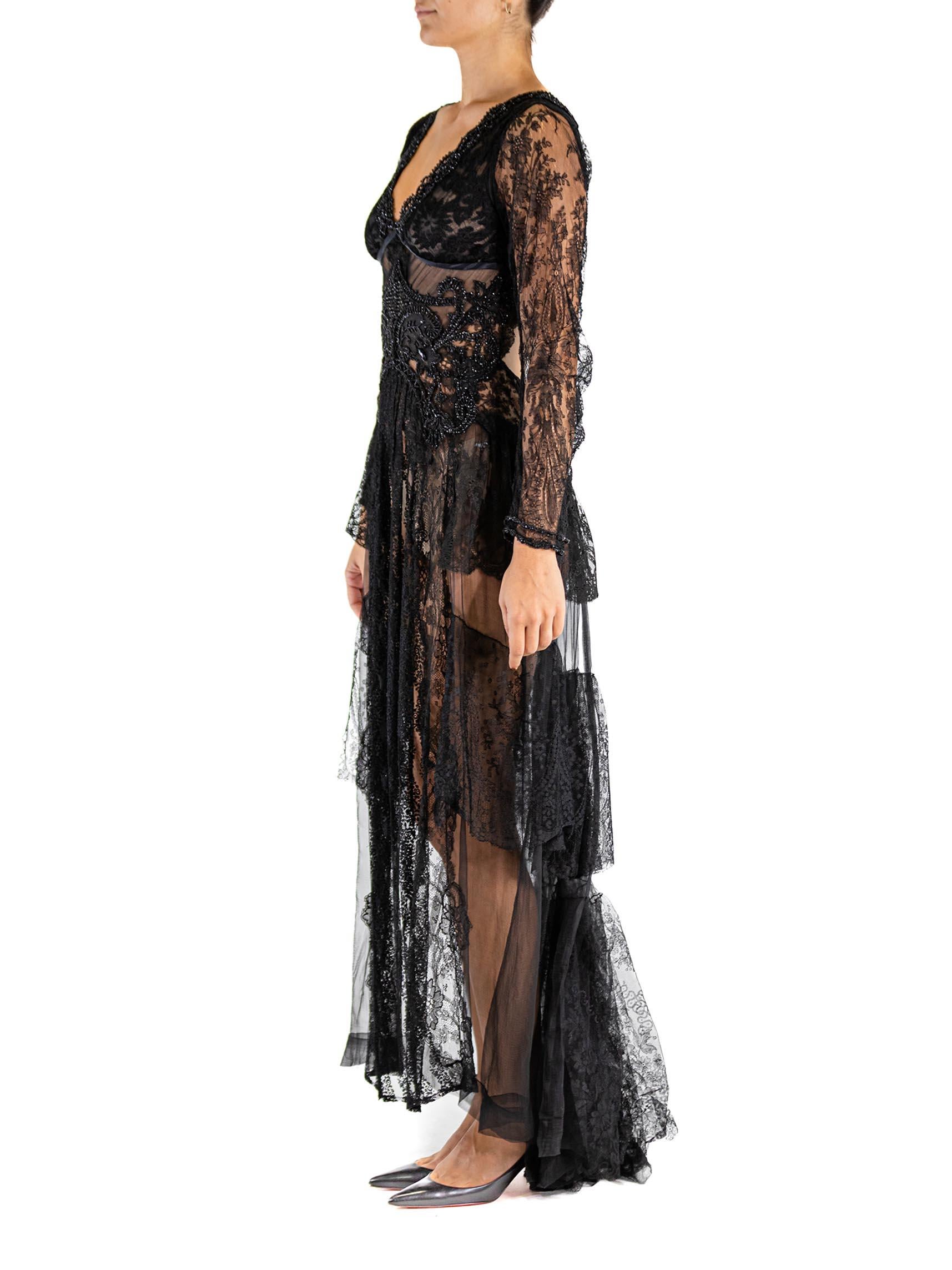 MORPHEW ATELIER Black Antique Lace Victorian Beadwork Gown In Excellent Condition For Sale In New York, NY
