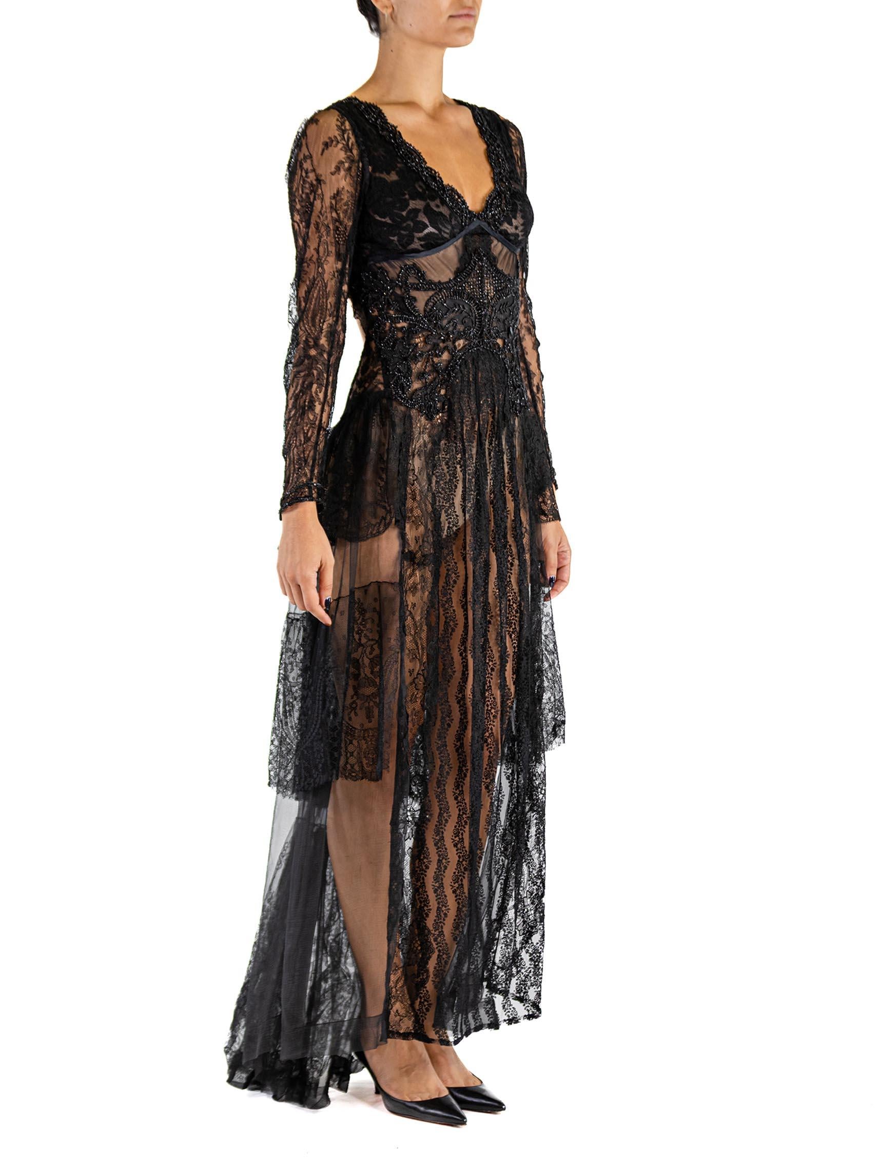 Women's MORPHEW ATELIER Black Antique Lace Victorian Beadwork Gown For Sale
