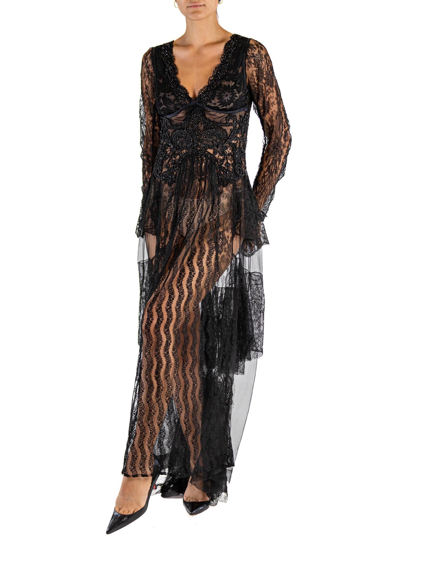 MORPHEW ATELIER Black Antique Lace Victorian Beadwork Gown For Sale 2