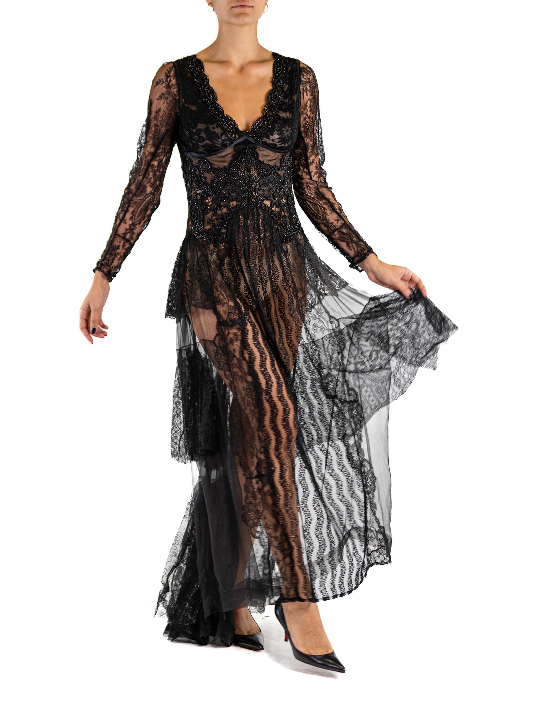MORPHEW ATELIER Black Antique Lace Victorian Beadwork Gown For Sale 4