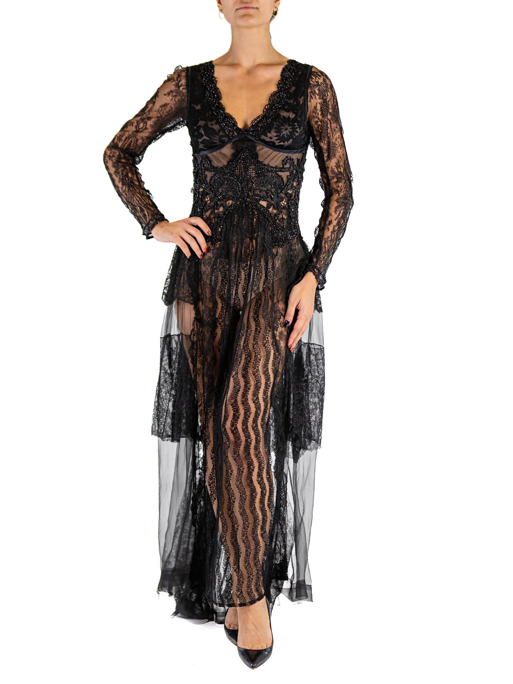 MORPHEW ATELIER Black Antique Lace Victorian Beadwork Gown For Sale 5