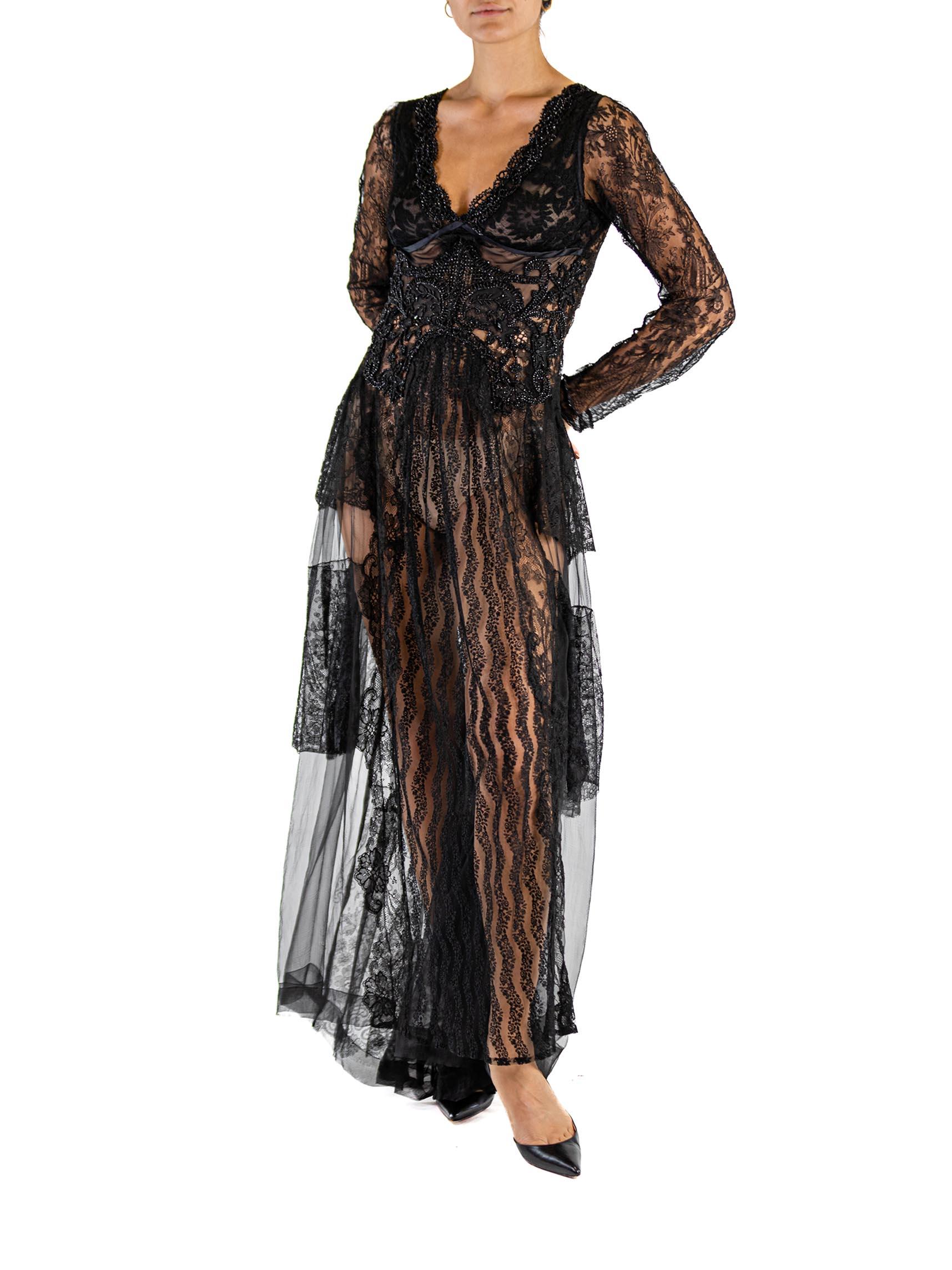 MORPHEW ATELIER Black Antique Lace Victorian Beadwork Gown For Sale 6