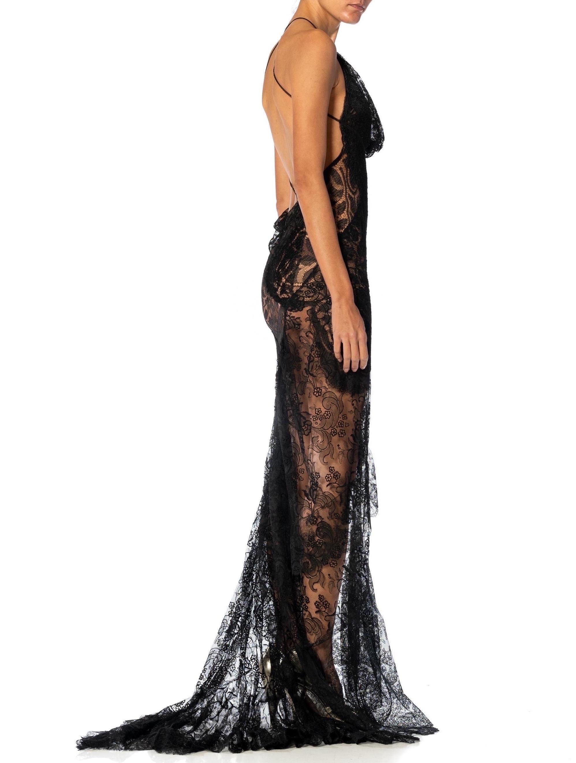 MORPHEW ATELIER Black Antique Rayon & Silk Chantilly Lace Backless Gown Trained For Sale 6