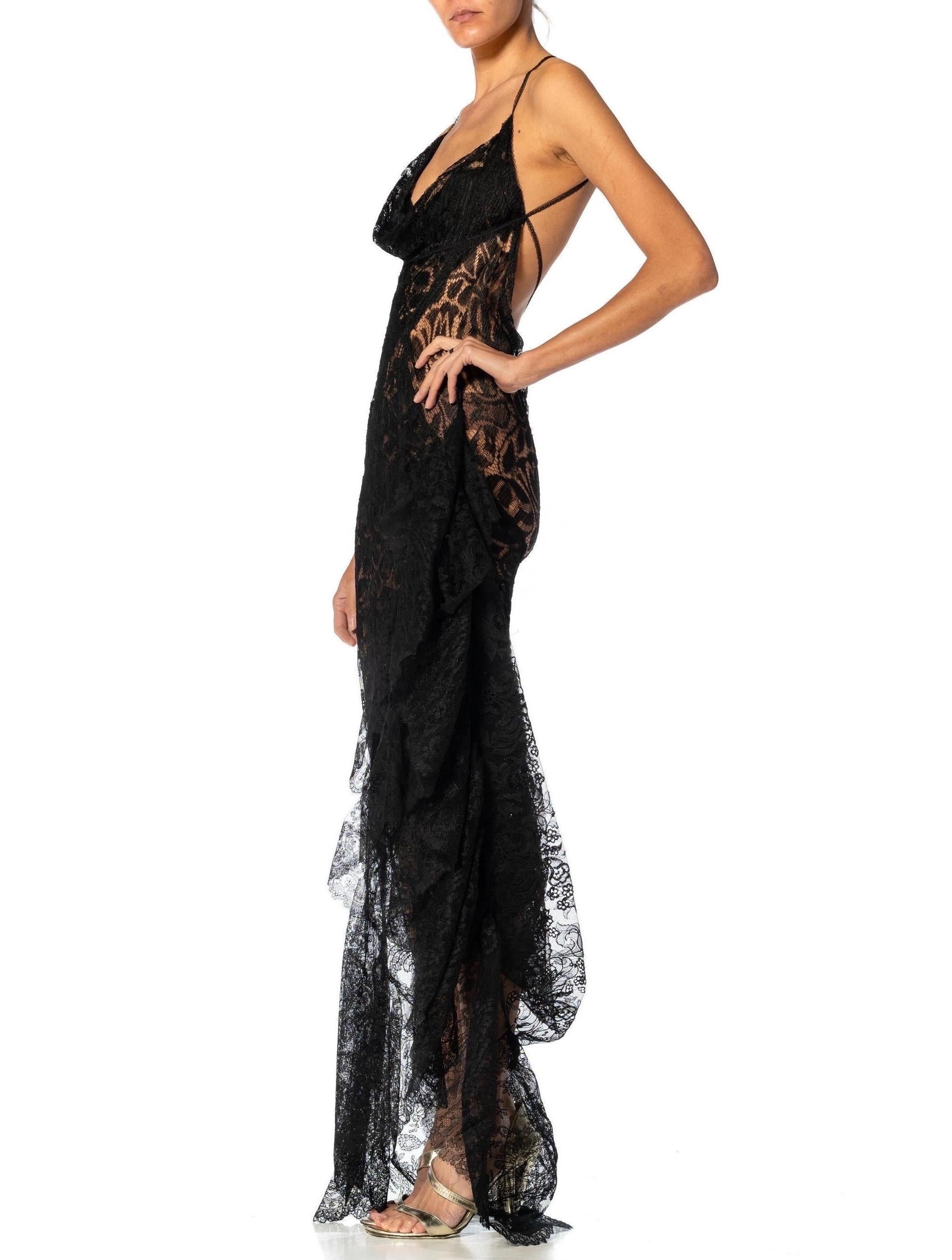 MORPHEW ATELIER Black Antique Rayon & Silk Chantilly Lace Backless Gown Trained For Sale 10