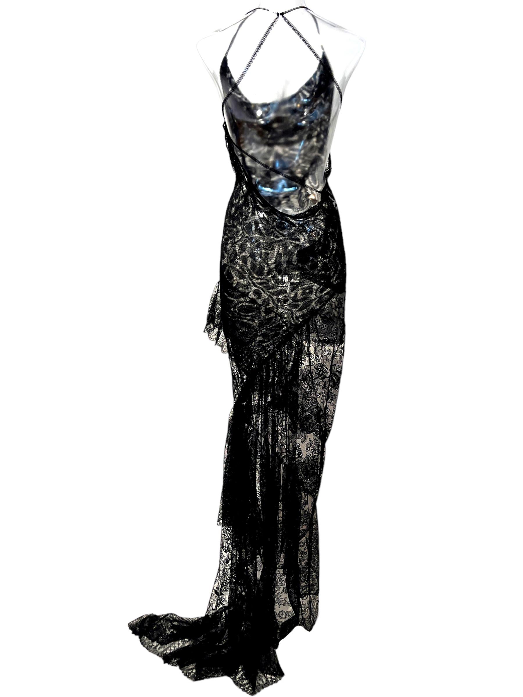 MORPHEW ATELIER Black Antique Rayon & Silk Chantilly Lace Backless Gown Trained  In Excellent Condition For Sale In New York, NY
