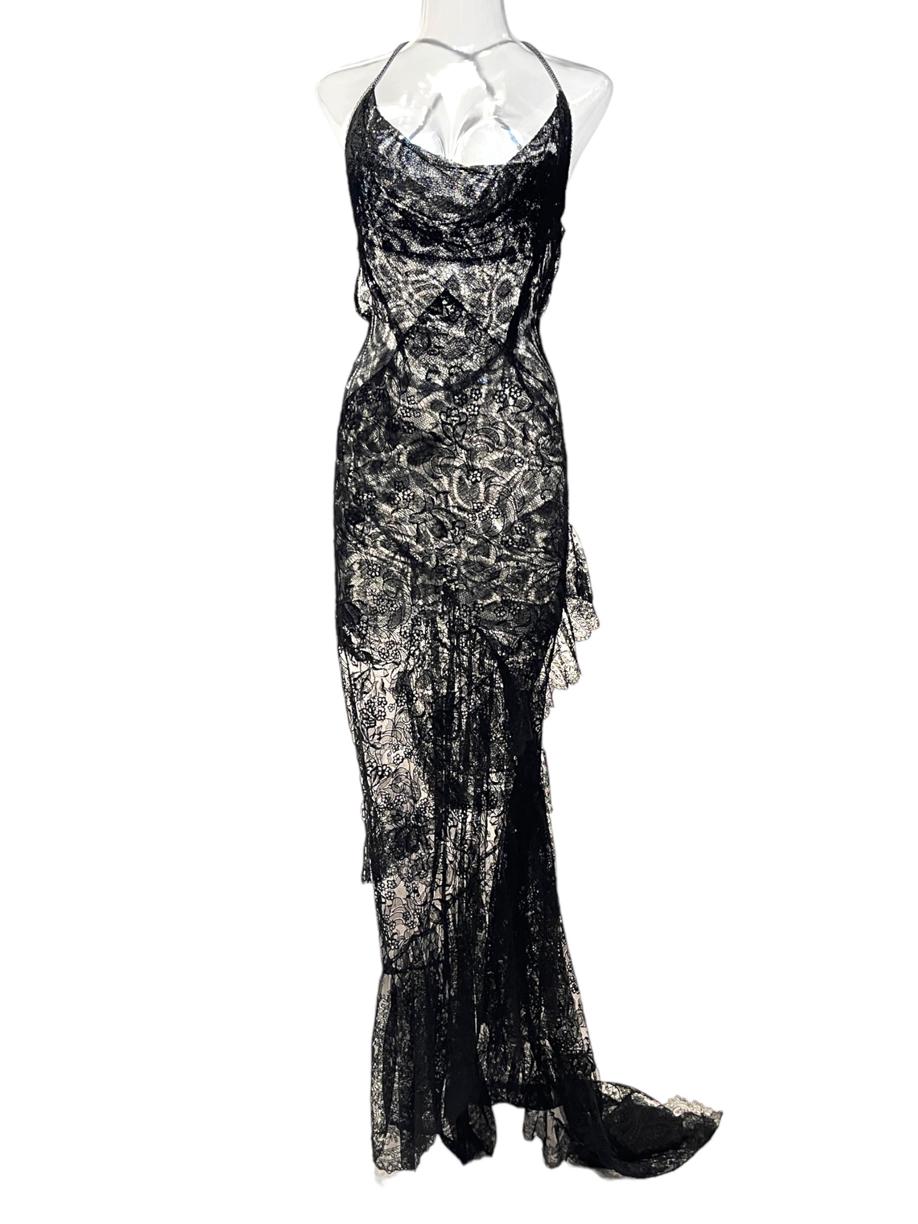 Women's or Men's MORPHEW ATELIER Black Antique Rayon & Silk Chantilly Lace Backless Gown Trained  For Sale