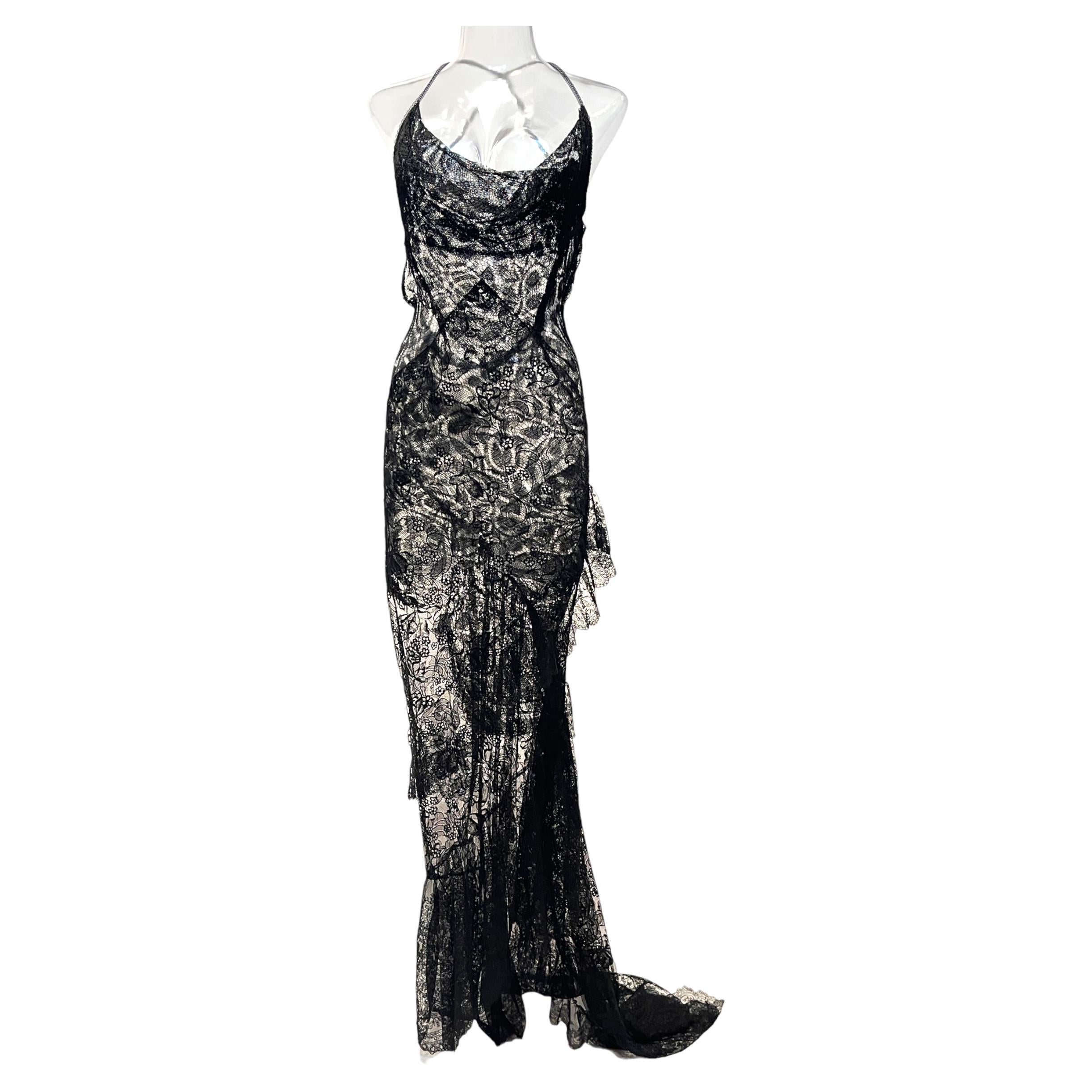 MORPHEW ATELIER Black Antique Rayon & Silk Chantilly Lace Backless Gown Trained  For Sale