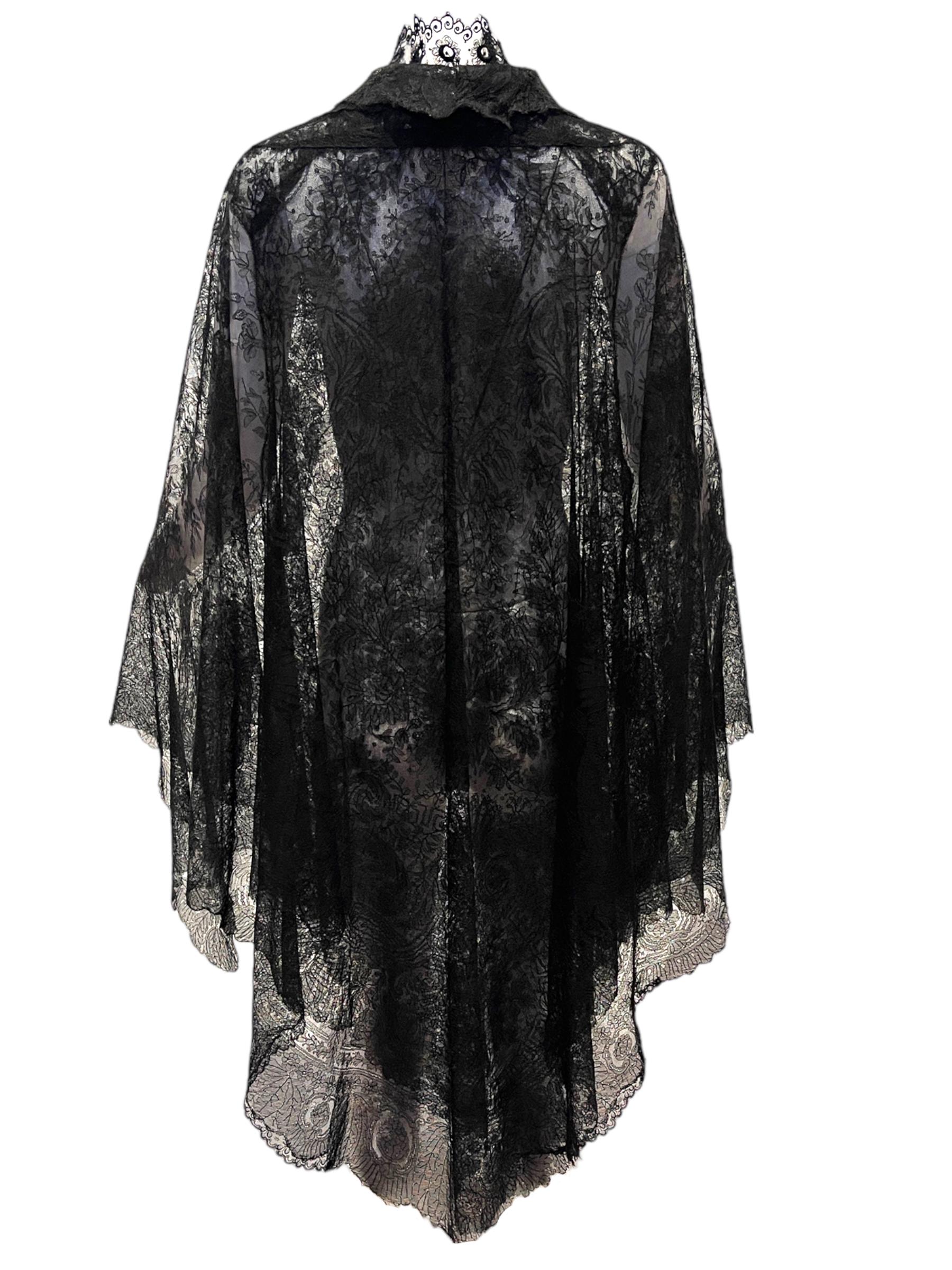 Women's MORPHEW ATELIER Black Antique Silk Chantilly Lace Caped Duster For Sale