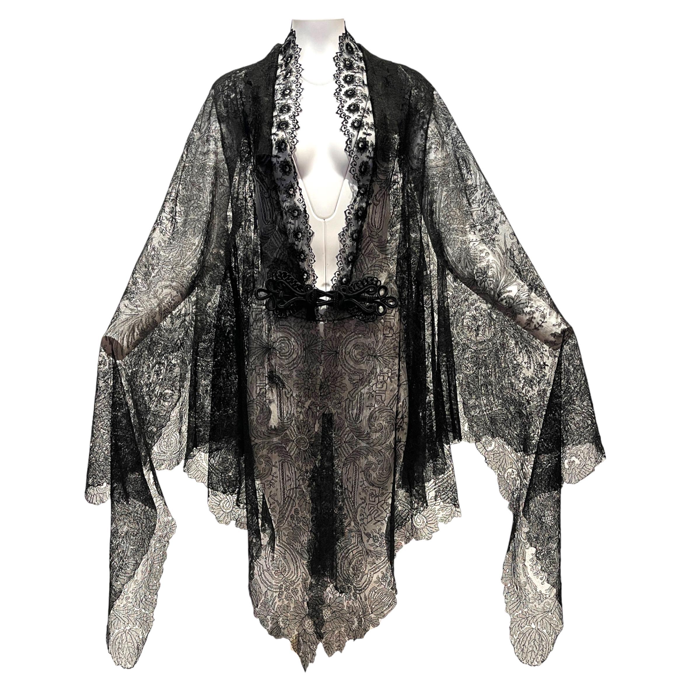 MORPHEW ATELIER Black Antique Silk Chantilly Lace Caped Duster For Sale