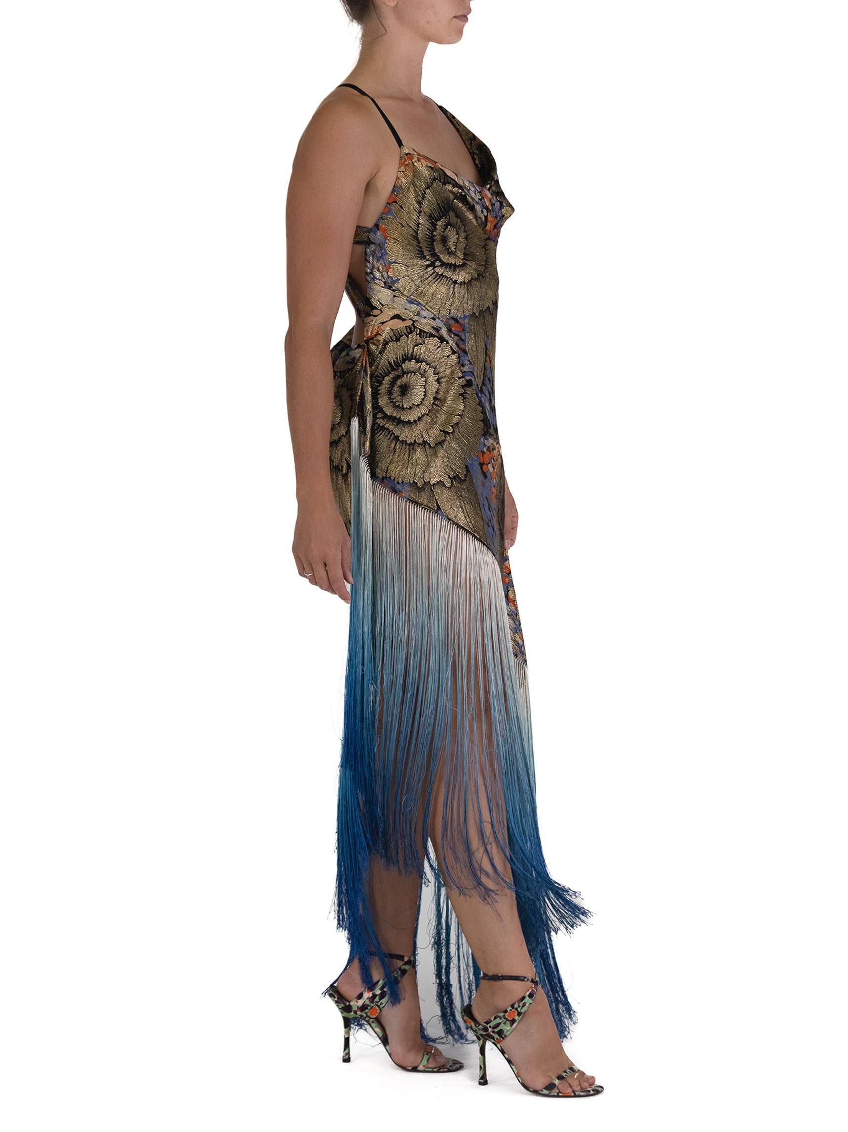 Morphew Atelier Black Bias Cut Silk Lame With Floral Embroidery And Blue Fringe  Gown