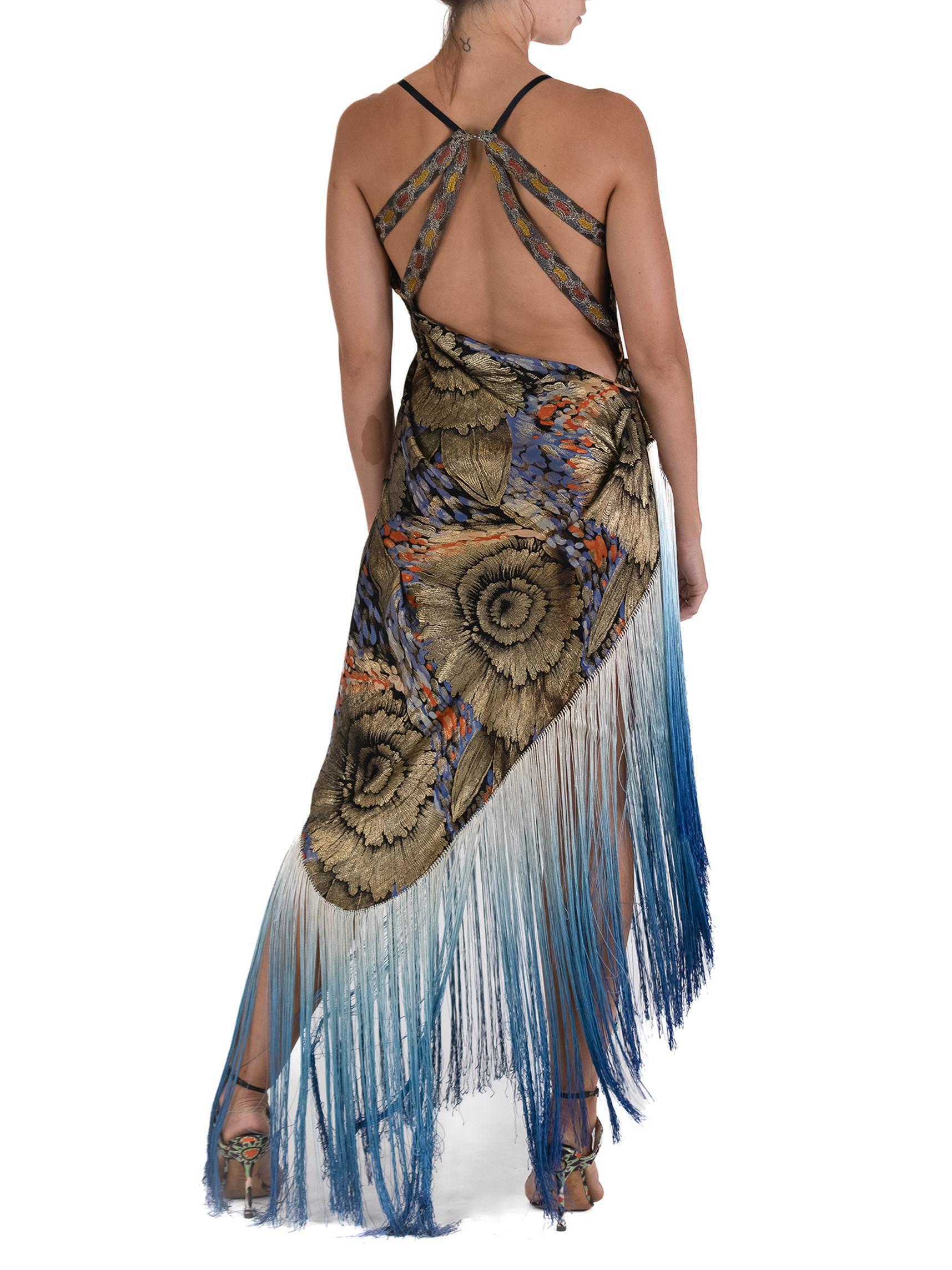 Gray Morphew Atelier Black Bias Cut Silk Lame With Floral Embroidery And Blue Fringe For Sale