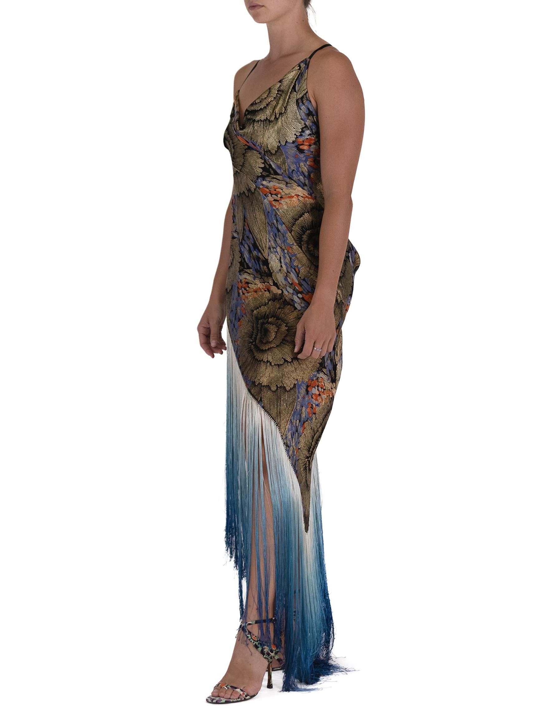 Women's Morphew Atelier Black Bias Cut Silk Lame With Floral Embroidery And Blue Fringe For Sale