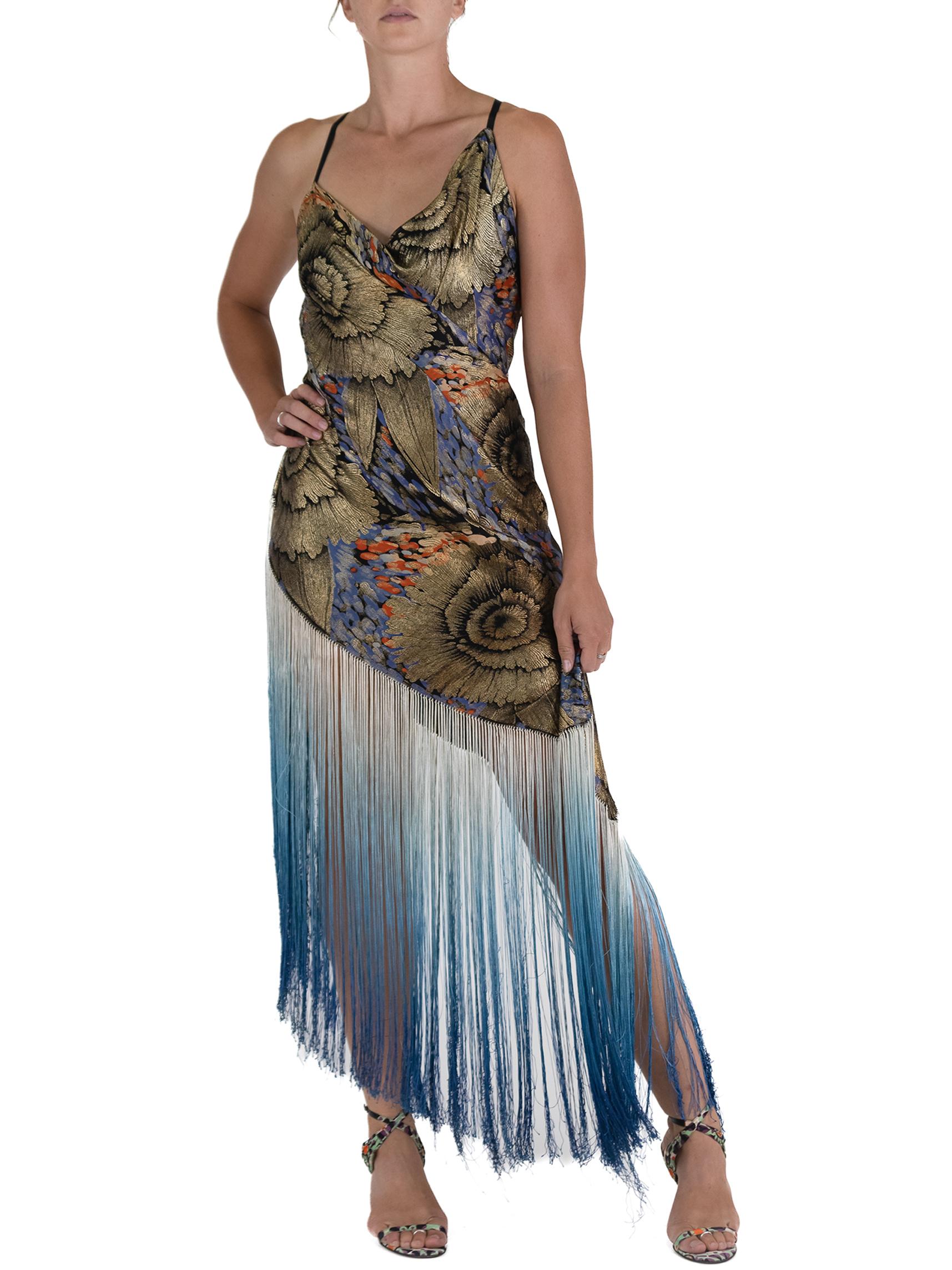 Morphew Atelier Black Bias Cut Silk Lame With Floral Embroidery And Blue Fringe For Sale 1