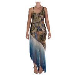 MORPHEW ATELIER Black Bias Cut Silk Lame With Floral Embroidery And Blue Fringe